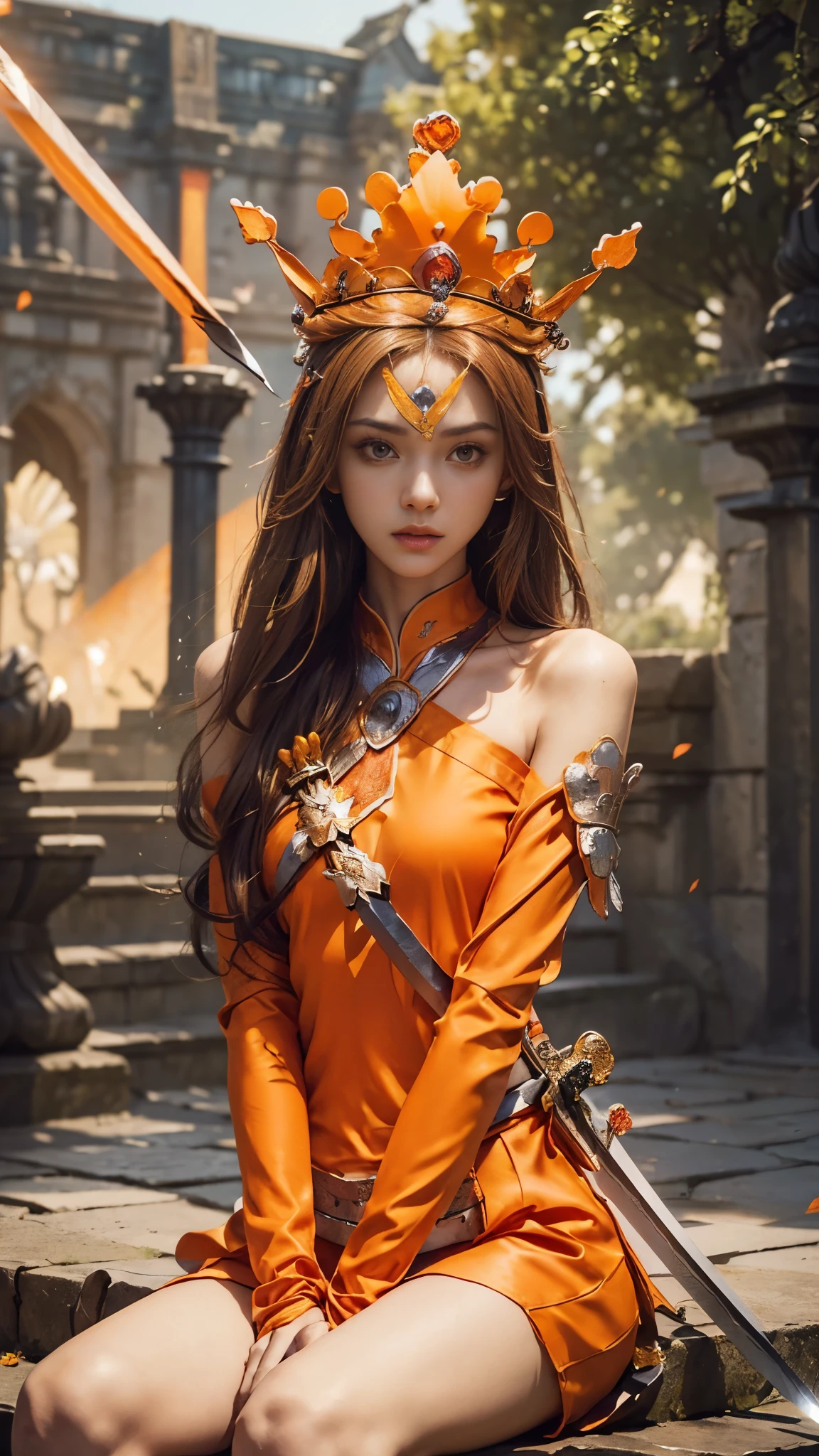 model shoot,1 girl, (innocent face:1.4), long hair, (assassin armor:1.5), (orange outfit:1.5), bare shoulder, (beautiful crown:1.5), (bloom effect:1.5), hyper realistic, super detailed, Dynamic shot, masterpiece, park scenery sharp détails, perfect eyes, perfect skin, (two handed sword:1.5), (perfect slim body:1.5), sitting,