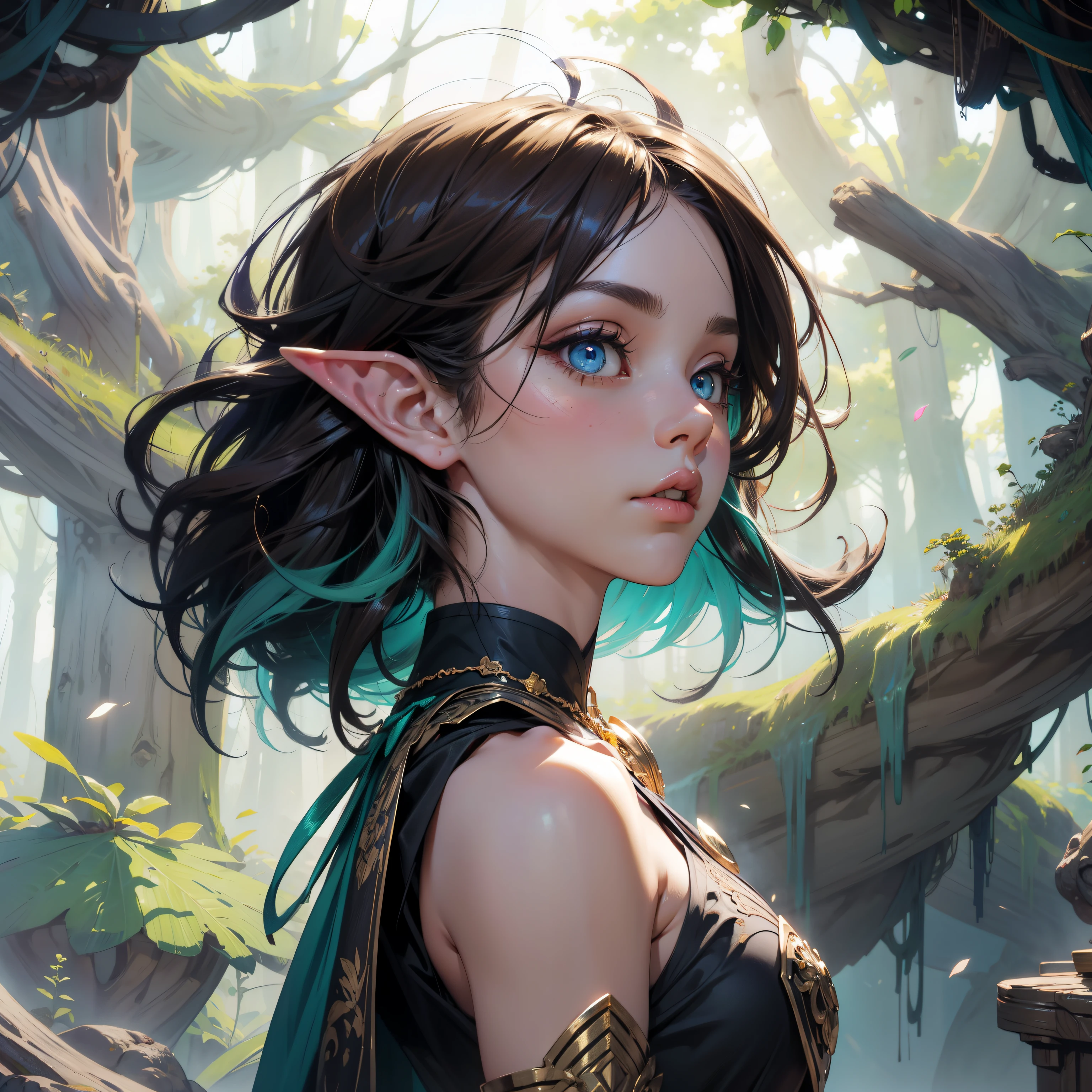 elf girl, concept art, 8k intricate details, surreal fairytale style, head tilt, oversized detailed {purple|green|blue|hazel|} eyes, cool random background, looking down, seductive, textured hair, soft muted pastel colored pencil illustration, intricate gold filigree necklace, from side, multicolored {brown|black|white} hair, wispy curled hair, style of Carne Griffiths