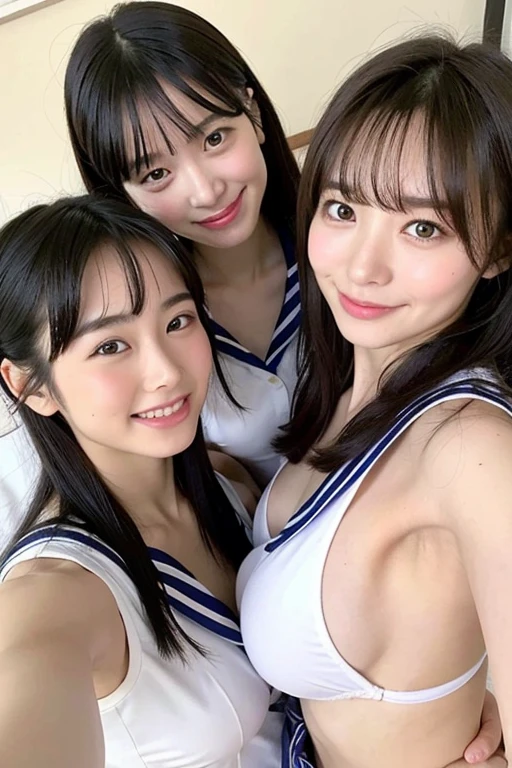 Three very young girls in bed、Sailor Suit Bow Tie,18-year-old,bangs,a little smile、each with a different hairstyle,from below,front light、breast enhancement、Nipples in full view、erotic smile、Soaking wet whole body、water droplets、live action、photograph、Mr..々Counterpoint、Big breasts pressed together、Hold your panties in your hands and show them to the audience