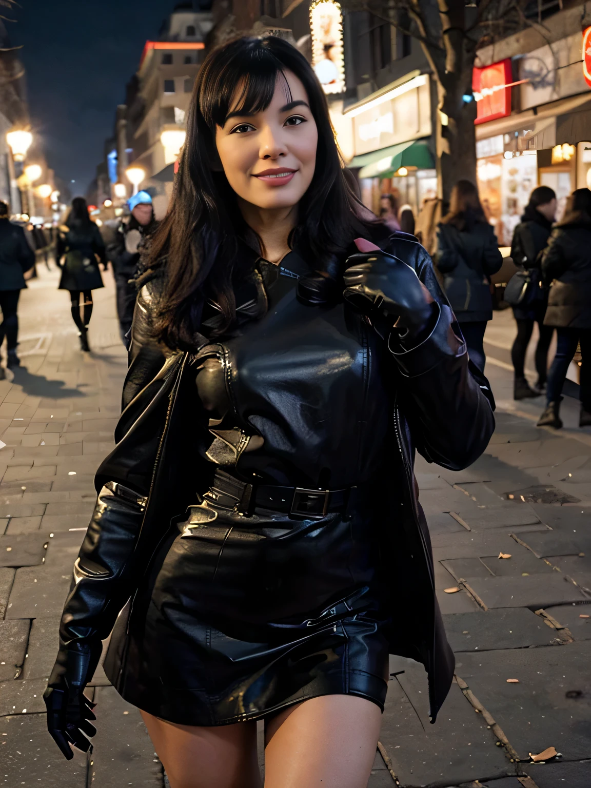 smiling Bettie Page walking in the park. Close photo. Long black hair. ((Wearing maxy Black coat)) ((Black leather gloves)), soft skirt, handbag over her shoulders,Winter. Perfect slim body anatomy. flirting with the camera, drinking a can of beer on a street bar,Photorealistic. Realistic colors. Realistic lights. Masterpiece. Realistic anatomy. Highly detailed. Realistic details. High quality.