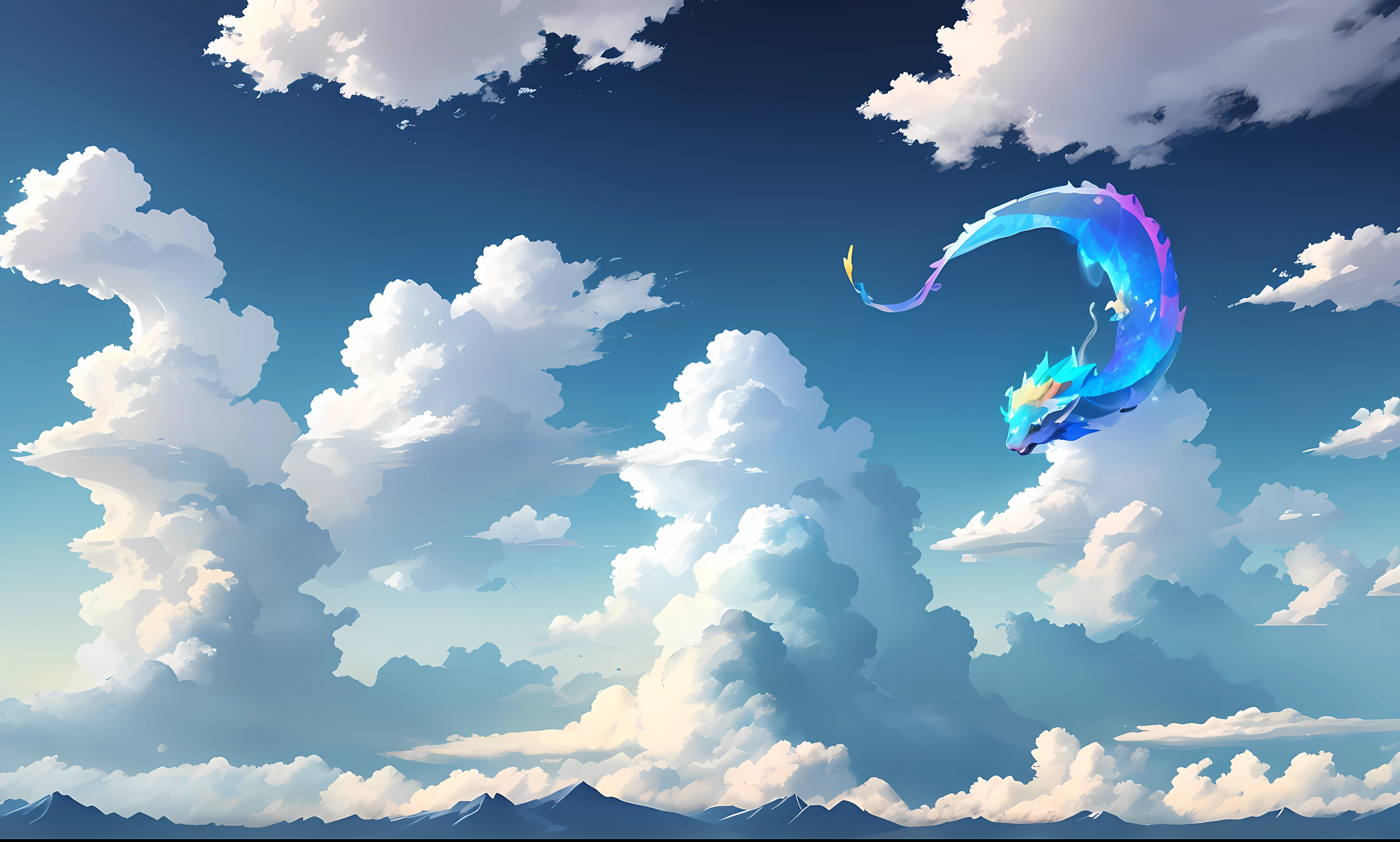 Best Quality, ​masterpiece, Cute iridescent Asian dragon playing with clouds and wind in the sky, landscapes, isometric, beautiful concept art