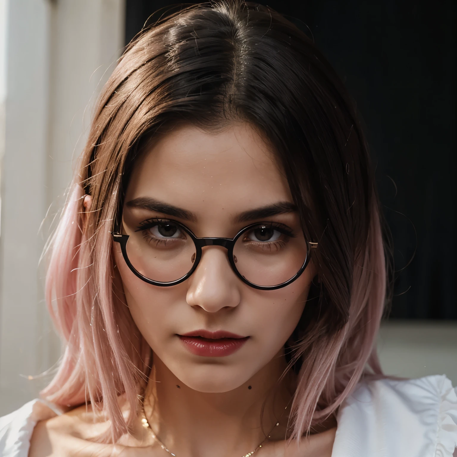 Vampire boy, perfect face, delicate features, black eyes, shoulder-length hair, pastel pink and white hair, wears circular glasses, fine royal clothing, black skin, red lips