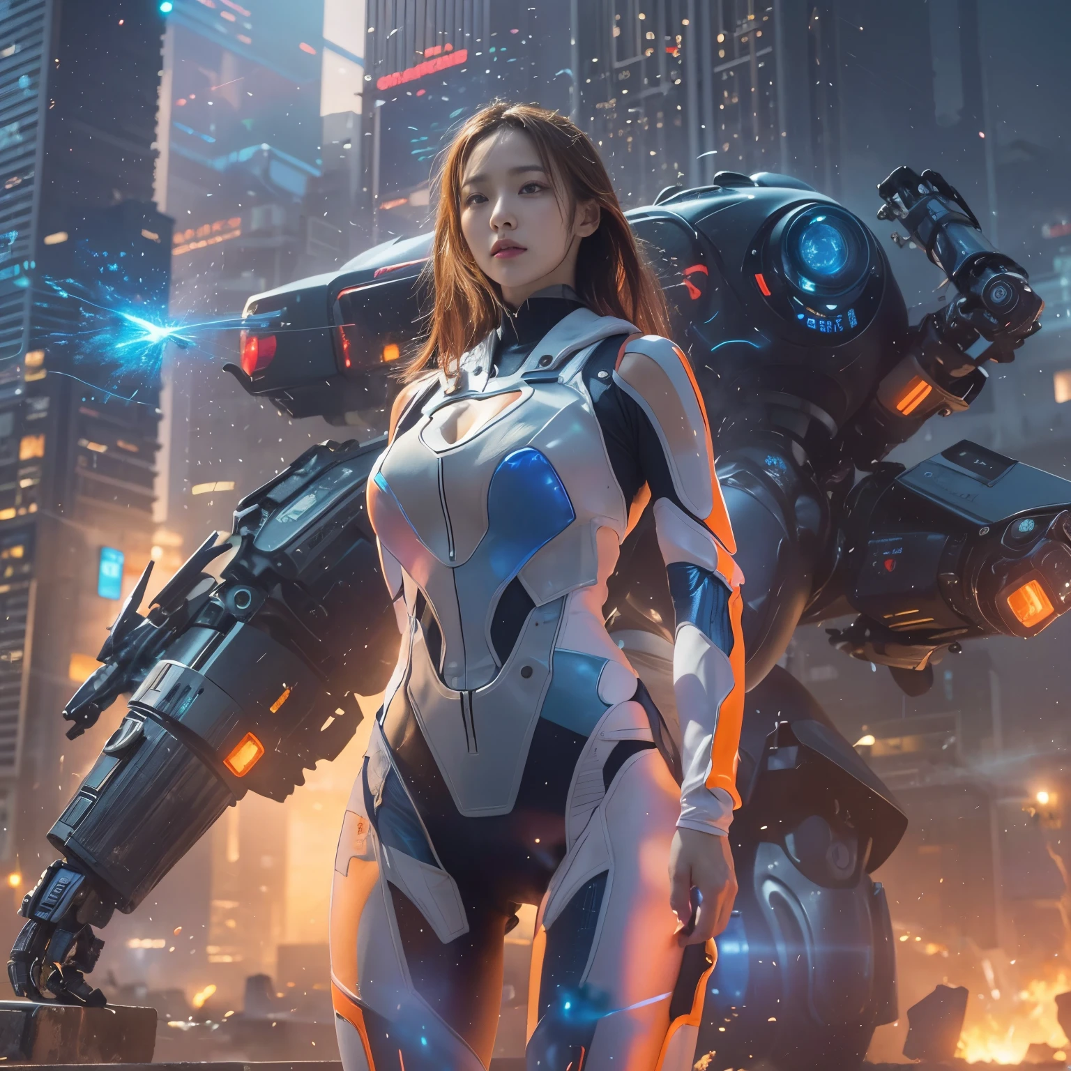 (highest quality、4k、8K、High resolution、masterpiece: 1.2)、Super detailed、(genuine、photogenuineistic、photogenuineistic: 1.37)、Destruction of a Great City、(A woman with telekinesis stands in front of a mech controlled by the invaders:1.37) 、(Women are young and beautiful、18-year-old、unparalleled beauty:1.5)、Insert a mental barrier to resist robot attacks、Vibrant cityscape、bright colors、Shining skyscrapers、Busy Street、Futuristic architecture and technology、Advanced Holographic Displays、Neon light splashes 、dramatic lighting、intense shadow、The awe-inspiring power that women exude、determination in his eyes、Elegant flowing gown、Dynamic action in the wind、Stretch out your arms and lunge towards the robot.、Powerful energy is emitted from the hands.、blue shining aura、sparks of electricity、electricity crackling in the air、A whirlpool of energy surrounding women、A fascinating and surgenuine atmosphere、A sense of danger and impending doom、Background chaos and destruction、Crumbling Building、Flying Debris、Smoke and flames、 The contrast between beauty and destruction、The battle between technology and the extraordinary power of young women。 cr1r3