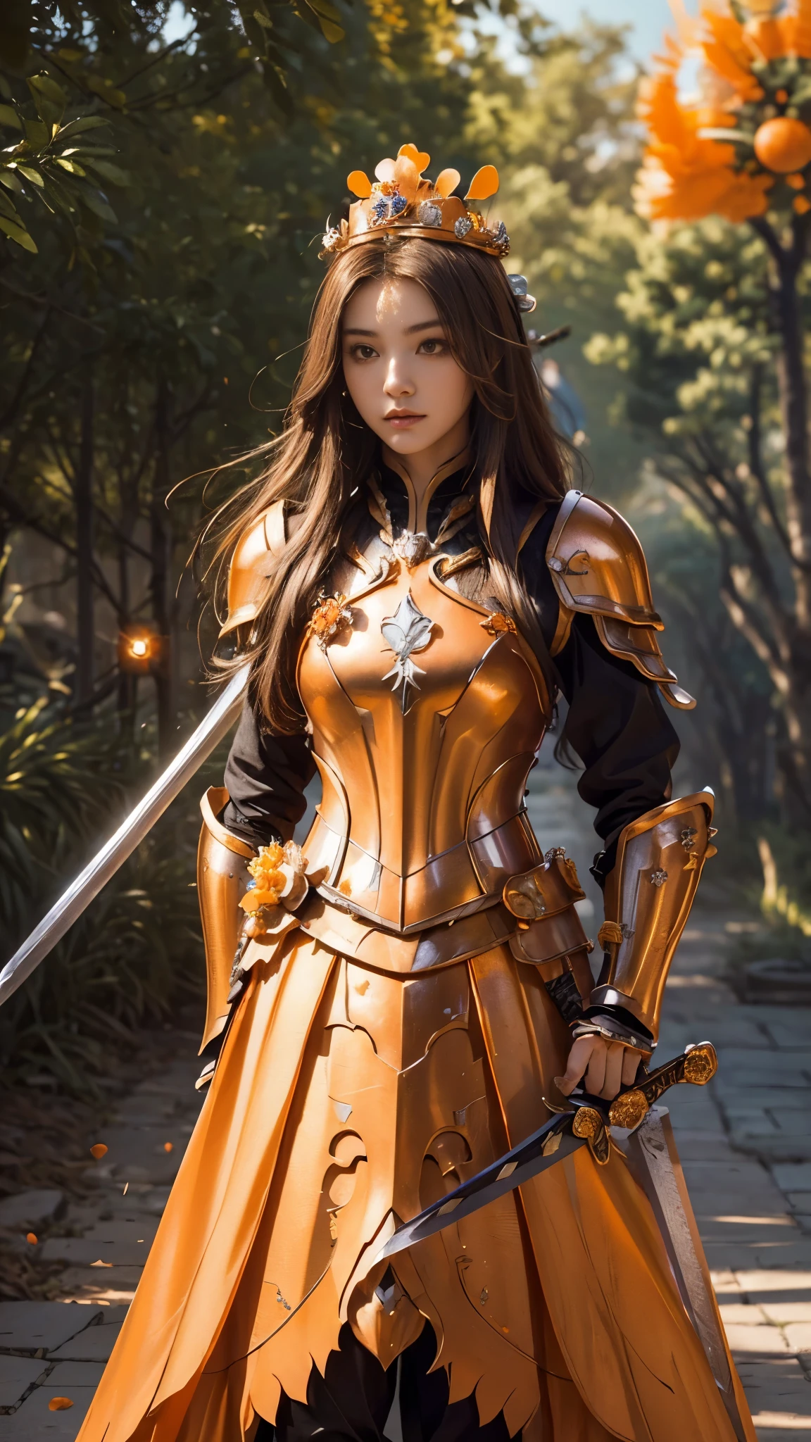 model shoot,1 girl, (innocent face:1.4), long hair, (assassin armor:1.5), (orange armor:1.5), bare shoulder, (beautiful crown:1.5), (bloom effect:1.5), hyper realistic, super detailed, Dynamic shot, masterpiece, park scenery sharp détails, perfect eyes, perfect skin, (two handed sword:1.5), (perfect slim body:1.5),