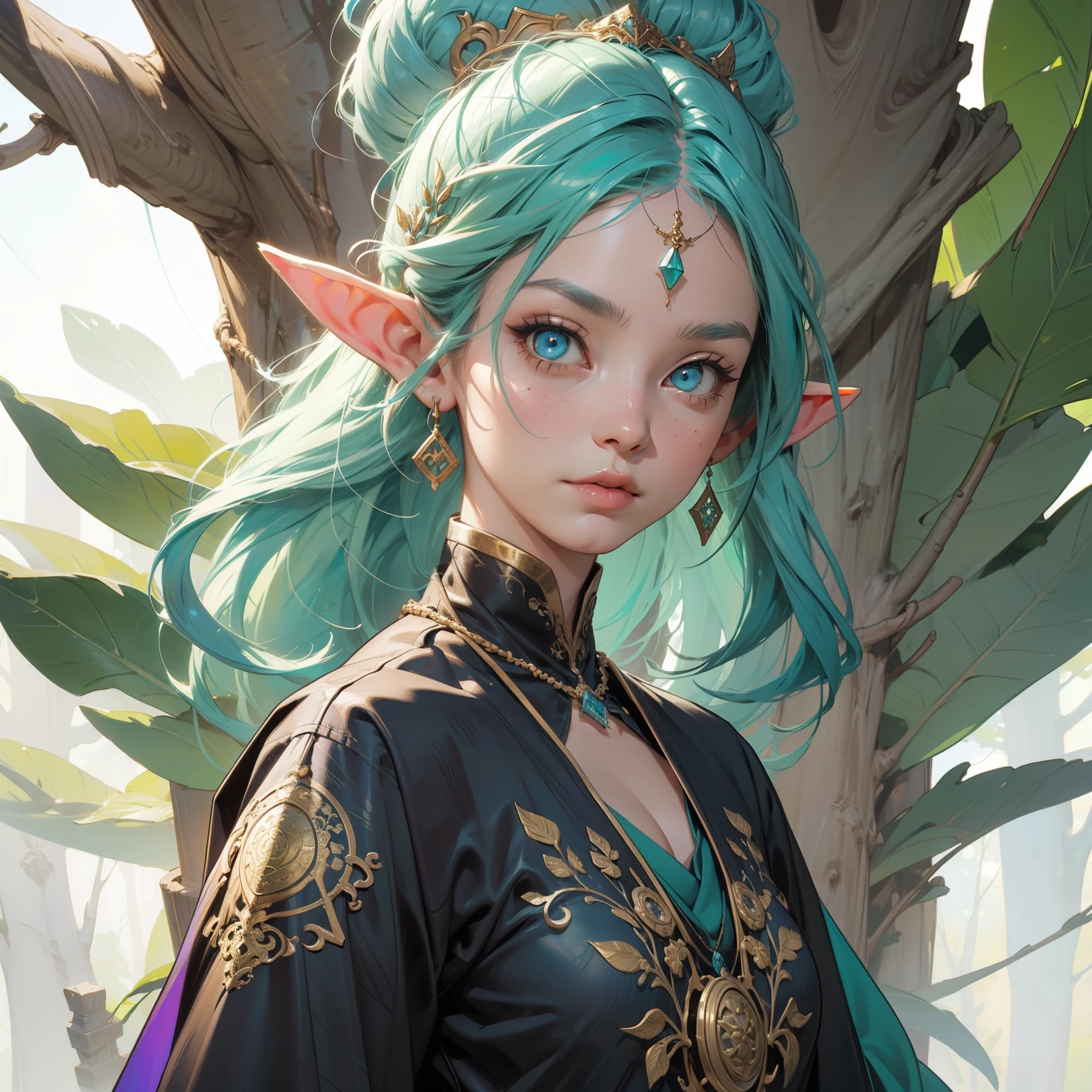 elf girl, concept art, 8k intricate details, surreal fairytale style, head tilt, oversized detailed {purple|green|blue|hazel|} eyes, looking down, seductive, textured blue hair, simple forest background, soft muted pastel colored pencil illustration, intricate gold filigree necklace, from side, multicolored white hair, wispy curled hair, style of Carne Griffiths