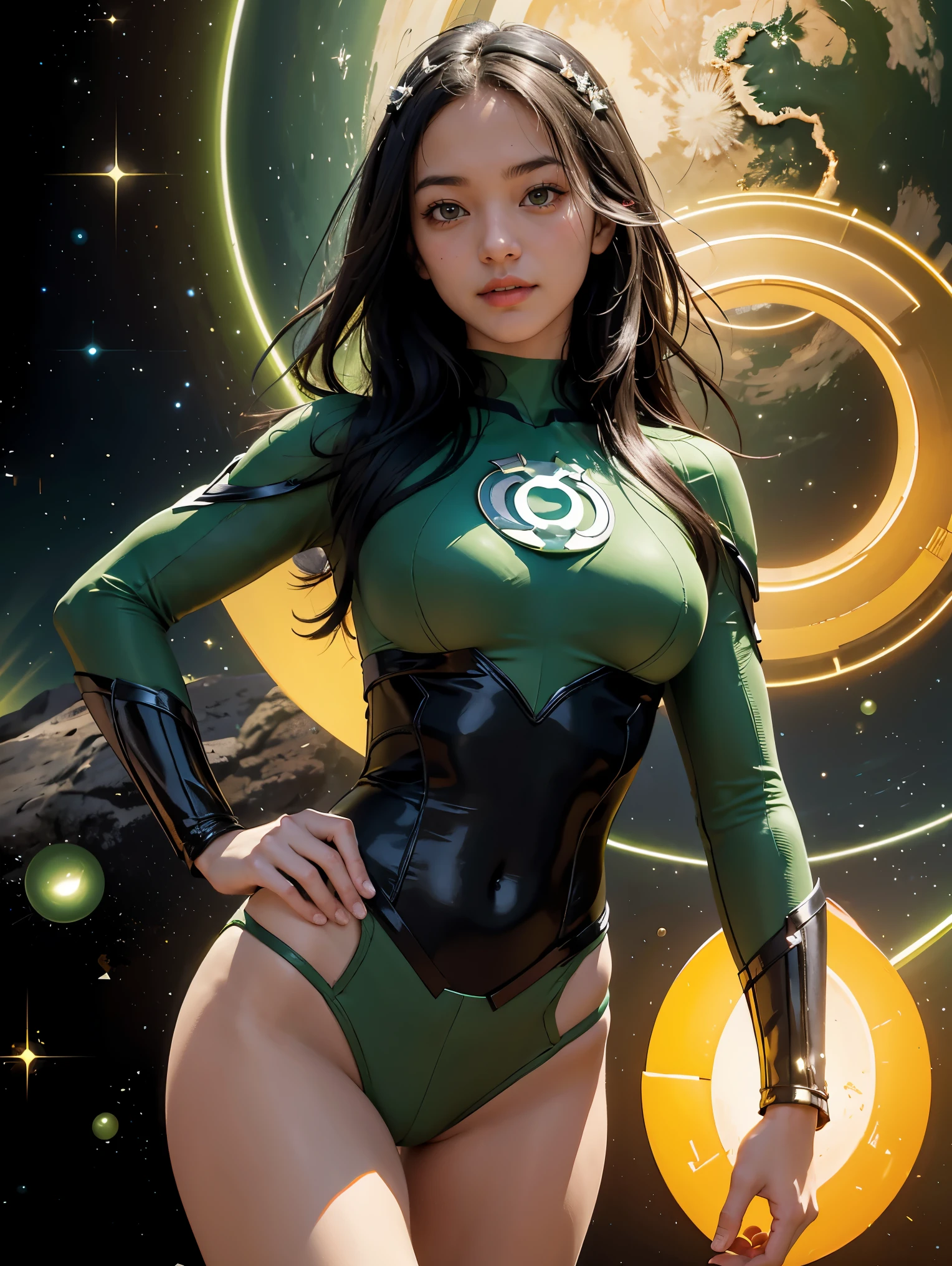 A beautiful woman in style,y Yellow Lantern (in English: Green Lantern) is a DC Comics superhero. Created by Martin Nodell and Bill Finger, the original Green Lantern was recast as a new superhero with the same name in the 1960s, the original character became known by the name his parents called Alan Scott and for a time adopted the identity from Sentinela (Brazil).
The current Green Lantern, founding member of the Justice League of America. This time, she helped cement the new Green Lantern as a popular hero, with a more cosmic theme.
lined lips, green bodysuit, covered navel, makeup,
muscular, tight skin, All green uniform, muscular female, green bodysuit, yellow bodysuit,
Looking at the Viewer, (medium breasts: 1.4), (hanging breasts: 1.3), (full breasts: 1.4), (realism: 1.5), (Realisitc: 1.4), (Absurdity: 1.4), 8k, ultra-detailed, Detailed beautiful woman, (Only one:1.4), 1girl, (Viewer facing:1.2), sexy,