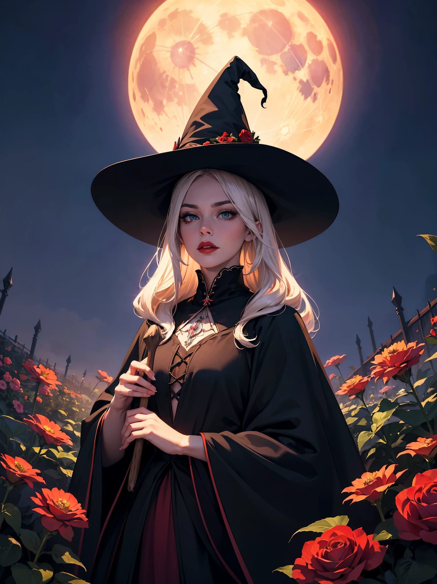 A classic witch in a garden, wearing a traditional witch outfit with a long black cloak, pointed hat, and broomstick. She has platinum blonde hair that falls just below her shoulders and vibrant green eyes. Her features are beautifully detailed, with long eyelashes and perfectly shaped eyebrows. Her skin is porcelain white, and she has flawless makeup, emphasizing her high cheekbones and ruby red lips. The garden is filled with colorful flowers, with a mix of vibrant red, orange, and purple blooms. The witch stands in the center of the garden, holding her broomstick with one hand and a crystal ball in the other. The scene is illuminated by the soft glow of the moon, casting a mysterious and enchanting light over the witch and the garden. The artwork is of the highest quality, with ultra-detailed elements and a photorealistic style. The colors are vivid and rich, creating a captivating and atmospheric composition.
Please note that the prompt above contains the detailed description required for the person theme, as well as the medium (artwork), additional details (flowers, moonlight), image quality (highres, masterpiece), artistic style (photorealistic), color palette (vibrant colors), and lighting (moonlight). These elements work together to create a cohesive and visually compelling prompt for Stable Diffusion.