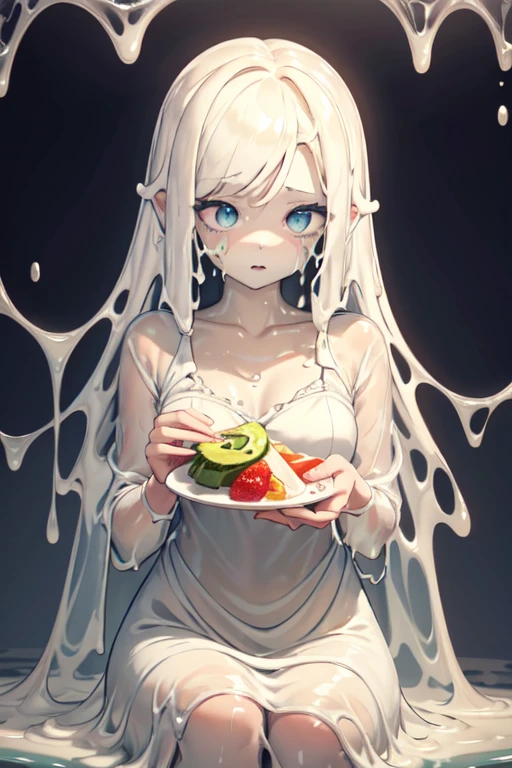 slime having breakfast sitting at home, (Translucent pale skin:1.6), (cute, kawaii), No humans, Plain midi dress, liquid hair, Slimy liquid dripping from her body. Her hair is also covered in slime. slime scatters, Beautiful eyes with fine symmetry, (Intricate details:1.4), (Highly detailed face and eyes:1.2), slim figure, homely cabin, breakfast, anime, fantasy, (Highly detailed), (high resolution), (Best quality), (masterpiece)
