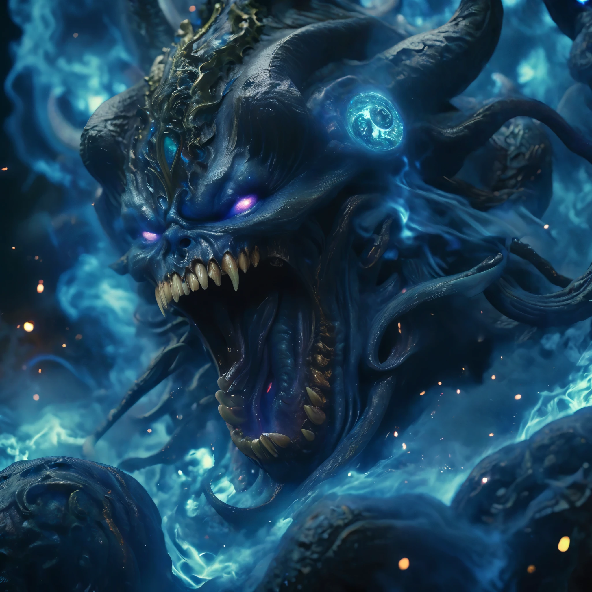 (best quality,4k,8k,highres,masterpiece:1.2),ultra-detailed,(realistic,photorealistic,photo-realistic:1.37),Giant demons with three faces from another dimension summoned from the magic circle, cosmic horror, deformed heads with tentacles and twisted horns, a tremendous number of huge fangs, long sharp claws, a long tail, a terrifying figure clad in blue flames, overwhelming violence that brings the world down into chaos, liberation of imagination, breaking the limits, creation of a new world (amazingly powerful and realistic composition by Greg Rutkowski:1.2) (one of them is the most beautiful girl's face in the universe:1.5), (NSFW:1.5), (It has an organ on its head that looks like the external genitalia of a female:1.8)