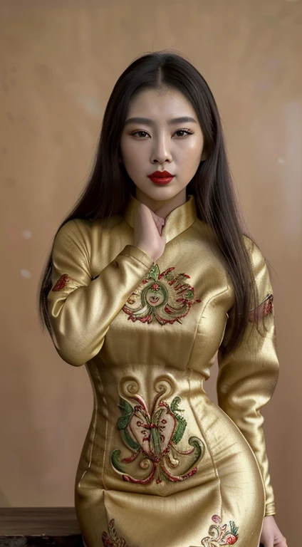 1 garota,tronco,garota-assaltante,chinese dress,roupas chinesas,flor de cabelo,(obra de arte:1.4),(Melhor qualidade:1.4),(pele brilhante),Red lips,olhando para o espectador,Seios grandes,parted lips