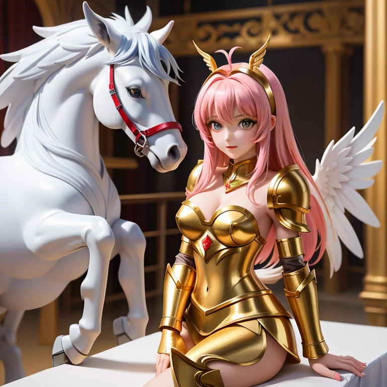 une femme, 25 ans, manga, cheveux longs, cheveux bruns, armure blanche et rouge, pegasus armor, saint seiya, seiya, pegasus, white horse head helmet, chevalier du zodiaque, dans un Grèce antique, Coliseum, metal pegasus wings, jupe en crin de cheval