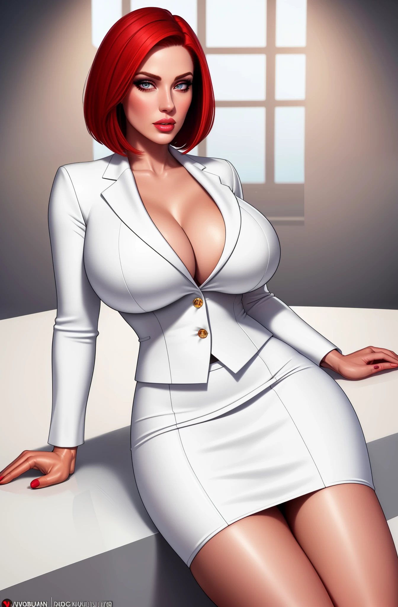 high quality,resolution:8k,realistic,Carolyn Dunn,red hair,bobcut,beautiful detailed eyes,beautiful detailed lips,white suit,pencil skirt,high heels,vivid colors,portraits,studio lighting