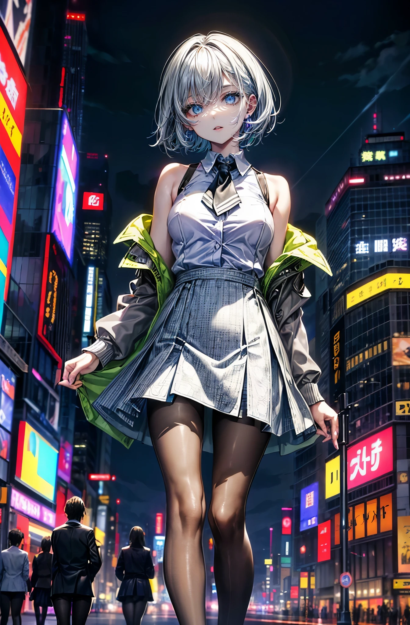hyper quality、8K quality、High resolution、Image quality captured with a single-lens reflex camera、(software)、perfect anatomy、(black short hair、shoulder length hair:1.2)22 year old beauty.Mature face、blue eyes(Sharp look:1.4)(Good shape and normal breasts) BREAK Bright atmosphere((Light grey and light green layered spring cardigan in thin fabric、(中にアーティスティックプリントフォト付きシャツ👔を着る、Irregular patterns:1.2):1.5)(Light pink as an accent color)(A long, wide, satin-like skirt with a loose silhouette、Light purple:1.2)BREAK(Very dark plain pantyhose:1.6)black pantyhose、無地のblack pantyhose:1.5、gold earrings、turn to the side(perfect anatomy:1.4)break(look away:1.2)(Asahi、In front of Umeda Station in Osaka on a bright early morning:1.3)