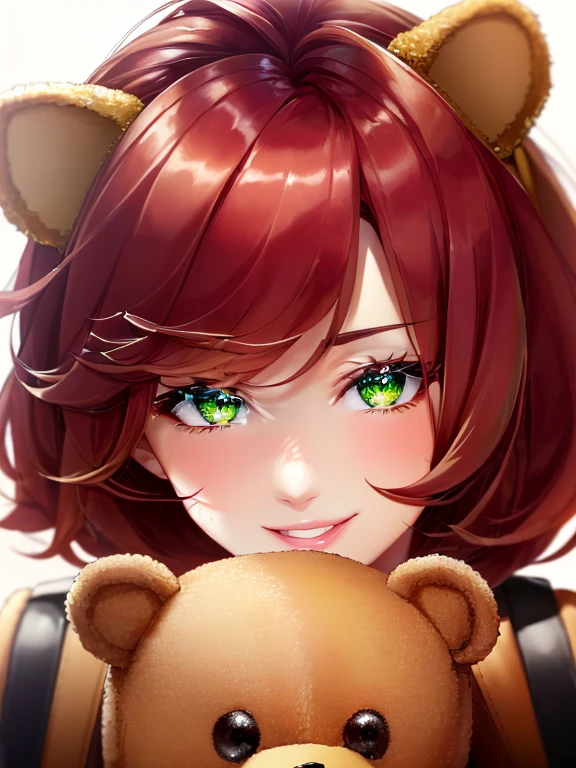purple t-shirt, Green Eyes, annie, 1 Girl, Red Hair, smile with teeth, 8k, Detailed, masterpiece, close up, Green Pupil, brown leather backpack, short hair, fake cat ears, long bangs, close up, fire, teddy bear, tibbers,