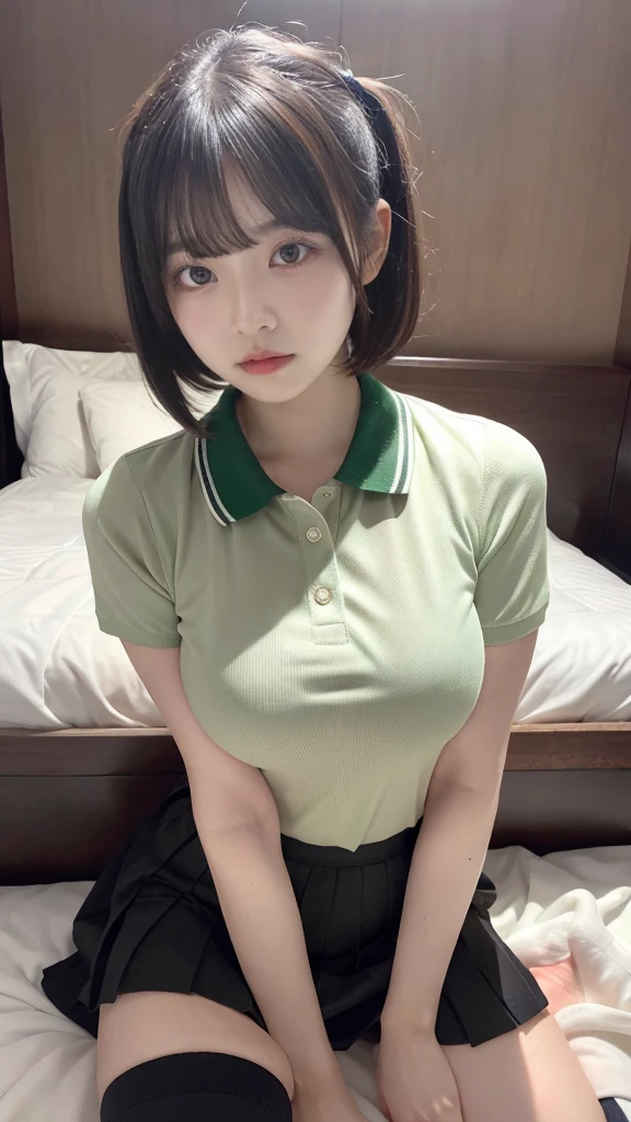 pieces fly, highest quality, figure, Super detailed, small details, High resolution, 8K,wallpaper, Perfect dynamic composition figure,(Detailed high quality, realistic depiction of eyes:1.3), (collared polo shirt), pleated skirt, knee high socks, short bob hair, lying down, black hair color, big natural color lip, bold sexy pose, (perfect body shape), crying a little、cold gaze, harajuku style、20 year old girl、cute type、ta、beautiful feet, hotel room, Gravure idol pose, plump thighs