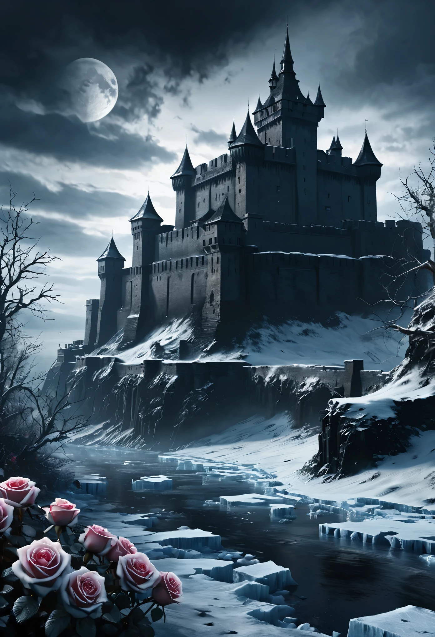  masterpiece, high quality, 8K Ultra HD, highly detailed, an evil fortress, winter, ice, roses, dark ambient environment, ominous| ((More_Detail)) 