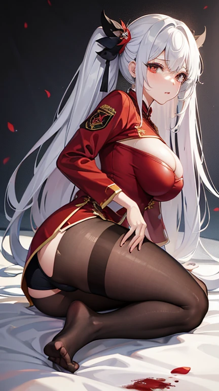 Torn red cheongsam,Broken black pantyhose,huge breasts,胸前Holes in clothes,Damaged clothes,Holes in clothes,Battle damage,Seriously injured,long white hair,Wipe the blood from the corner of your mouth with your hand,Weak,Gasping lightly,sideways,Half of your butt is exposed