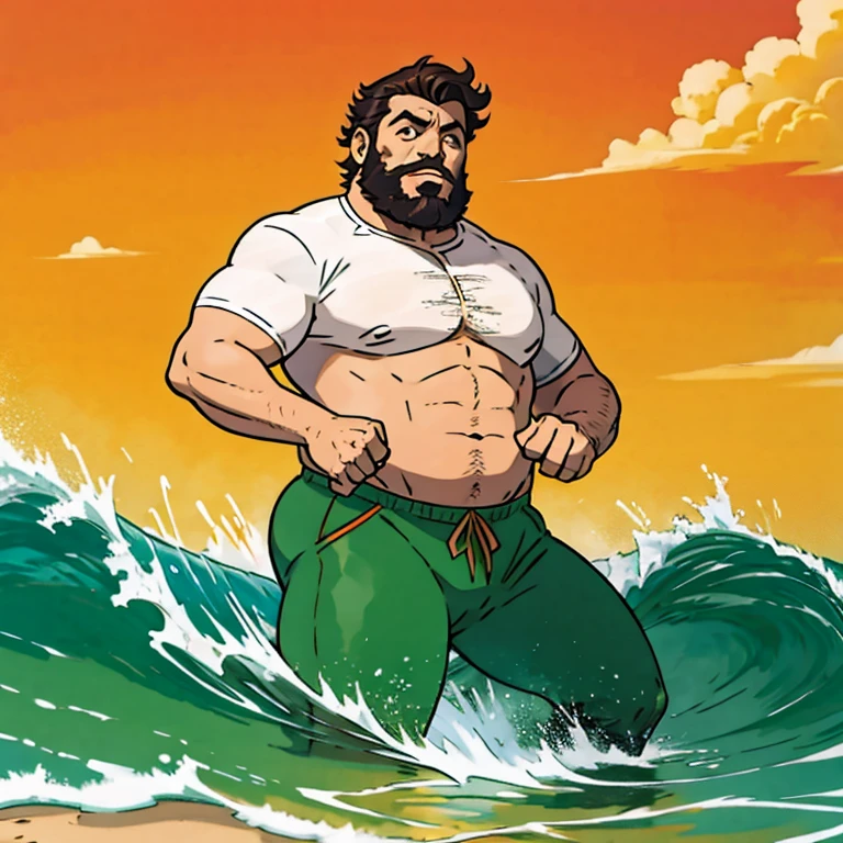 desenho de um homem gordo e bonito, com barba e camisa social . linha arte digital, caminhando na praia