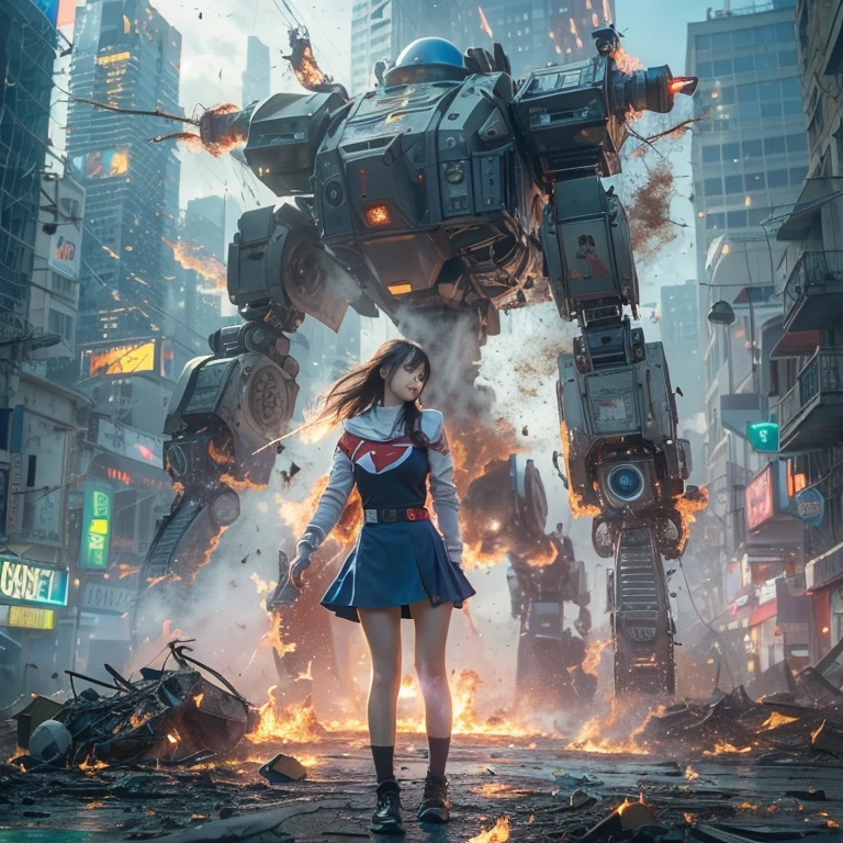 (highest quality、4k、8K、High resolution、masterpiece: 1.2)、Super detailed、(genuine、photogenuineistic、photogenuineistic: 1.37)、Destruction of a Great City、(A woman with telekinesis stands in front of a mech controlled by the invaders:1.37) 、(Women are young and beautiful、18-year-old、unparalleled beauty:1.5)、Insert a mental barrier to resist robot attacks、Vibrant cityscape、bright colors、Shining skyscrapers、Busy Street、Futuristic architecture and technology、Advanced Holographic Displays、Neon light splashes 、dramatic lighting、intense shadow、The awe-inspiring power that women exude、determination in his eyes、Elegant flowing gown、Dynamic action in the wind、Stretch out your arms and lunge towards the robot.、Powerful energy is emitted from the hands.、blue shining aura、sparks of electricity、electricity crackling in the air、A whirlpool of energy surrounding women、A fascinating and surgenuine atmosphere、A sense of danger and impending doom、Background chaos and destruction、Crumbling Building、Flying Debris、Smoke and flames、 The contrast between beauty and destruction、The battle between technology and the extraordinary power of young women。 cr1r3