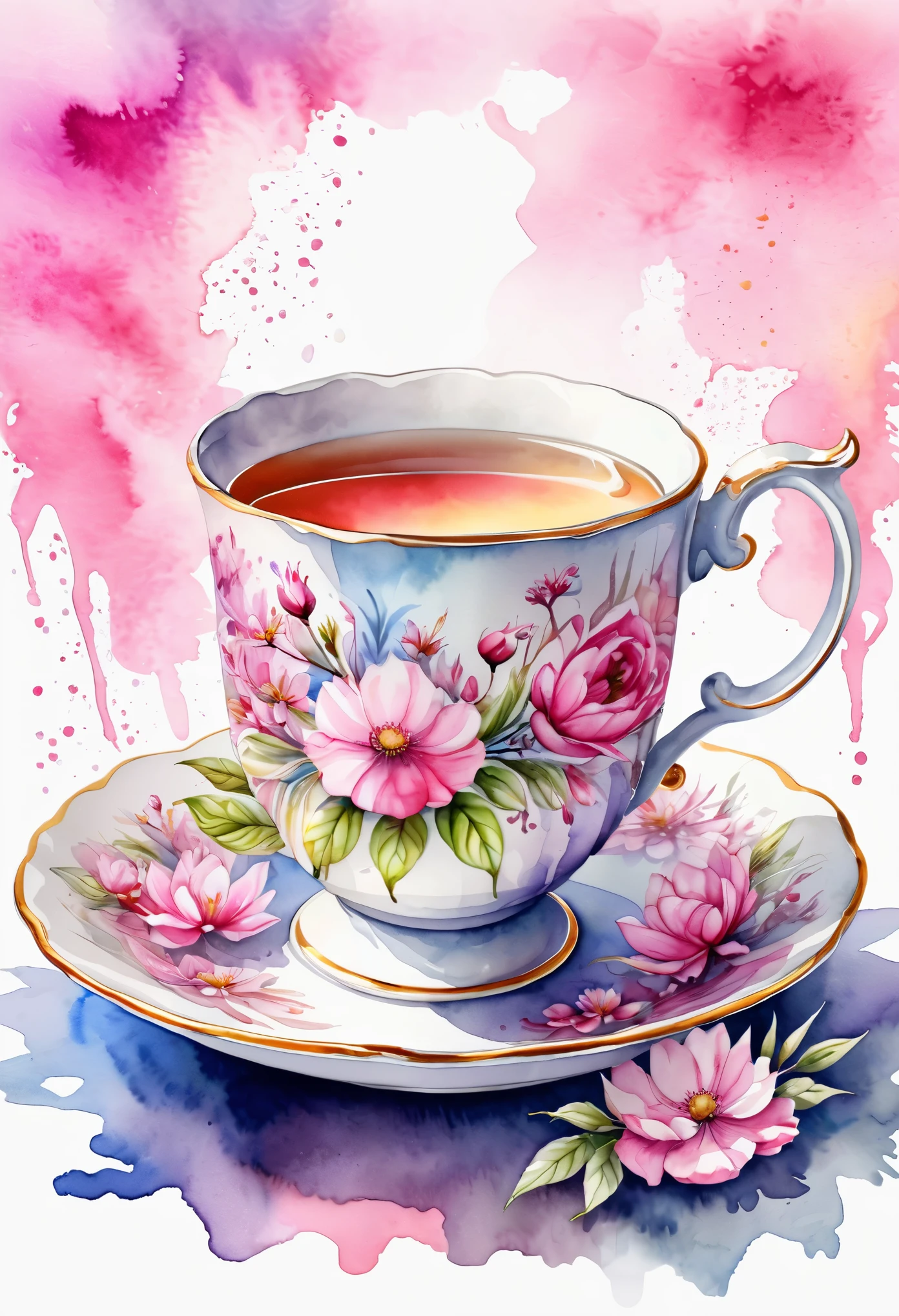  watercolor style, tea cup, high quality, 8K Ultra HD, Detailed illustration, tones of white and pink, highly detailed, awesome full color 