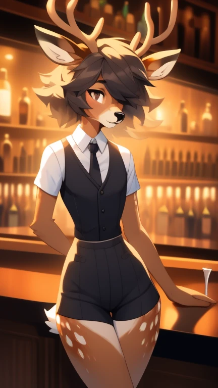 Best quality, super detailed illustration, warm colors, perfect lighting, better detail, (fluffy deer boy:1.4) , feminine face and body, disheveled thick hair, Bartender's clothes, short shorts, shirt, vest, black butterfly, Sleepy view, bags under the eyes, femboy, small waist, wide hips, slim, perfect body, style "DND"