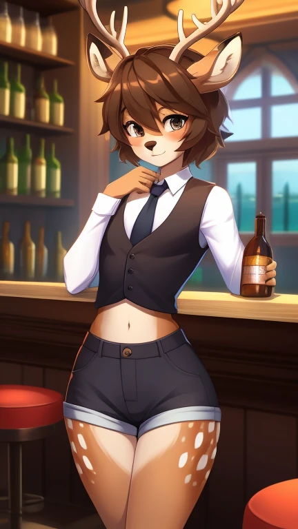 Best quality, super detailed illustration, warm colors, perfect lighting, better detail, (fluffy deer boy:1.4) , feminine face and body, disheveled thick hair, Bartender's clothes, short shorts, shirt, vest, black butterfly, behind the bar ,Sleepy view, bags under the eyes, femboy, small waist, wide hips, slim, perfect body, style &quot;DND&quot;