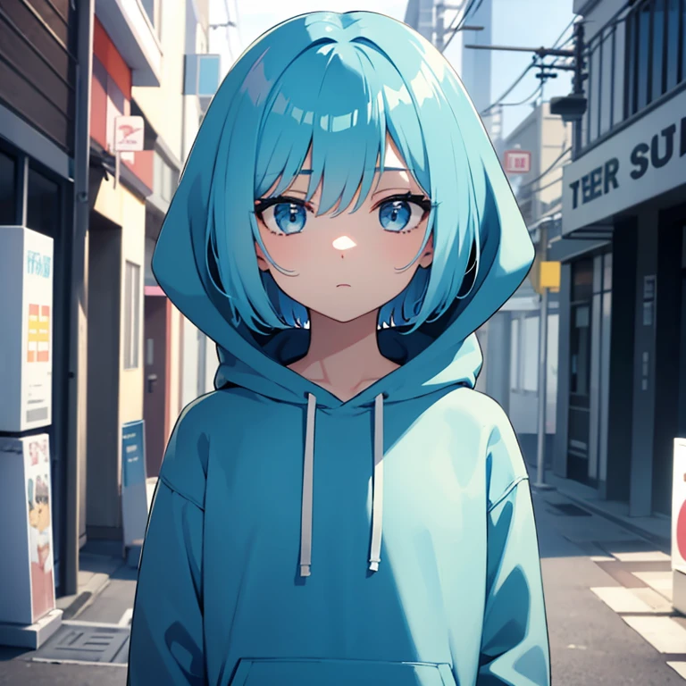 Expressionless girl, short hair, staring, light blue hair, oversized hoodie