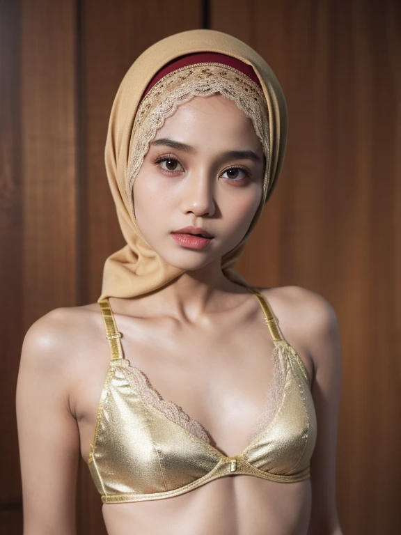 Very Thin body (Wearing Bra Lingerie), (((HIJAB MALAY GIRL))), masutepiece, High quality, UHD 32K, Realistic face, Realistic skin feeling , A Malay Lady, 8 years old, , Very cute and baby-like face, (((FLAT CHEST))), (MATRIX WORLD), ((look In front  at the camera and SADNESS)), ((())), (((CUTE GIRL))), ((BROWN LIPS)), ((BROWN)), (undress). WEAR BRA LINGERIE, gold, green, red, lace