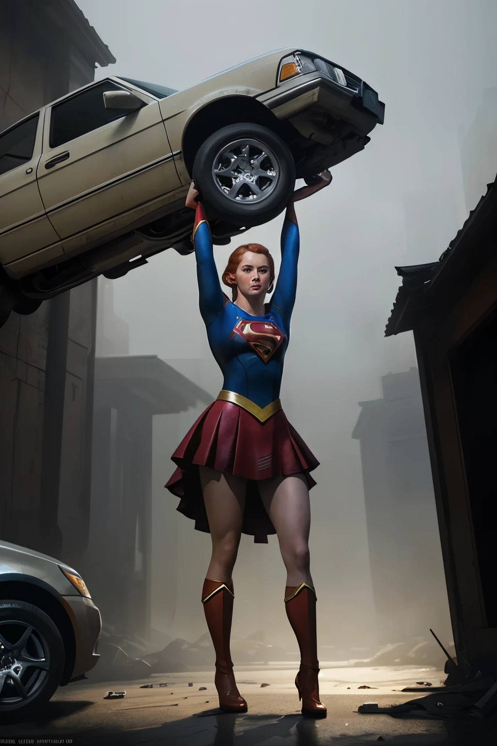 A ginger Supergirl lifting a car above her head, digital painting style, artstation, concept art, Craig Mullins, Breathtaking, 8k resolution, extremely detailed, beautiful, establishing shot, artistic, hyperrealistic, octane render, cinematic lighting, dramatic lighting, masterpiece, light brazen, extremely detailed and beautiful face