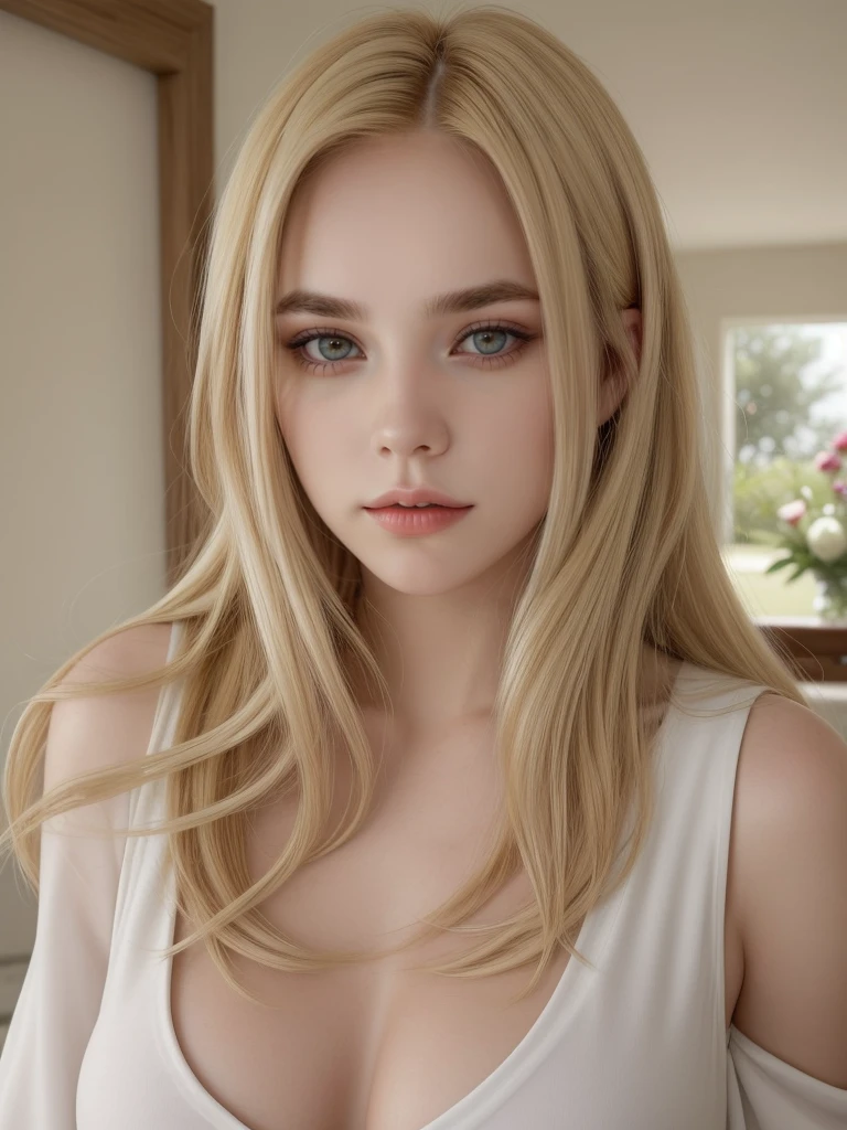 un primer plano de una mujer con cabello largo y rubio y un top blanco, angelablanca, long cabello rubio y ojos grandes, yelena belova, diosa rubia, una hermosa rubia, ava max, cabello rubio y ojos grandes, rasgos rubios y atractivos, pelo largo y rubio y ojos grandes, mujeres rubias, chica sexy con cabello largo y rubio, Chica rubia, hermosa chica rubia, big breasts, en el fondo un jardin de rosas, un jardin de flores, con un fondo de jardin lleno de flores