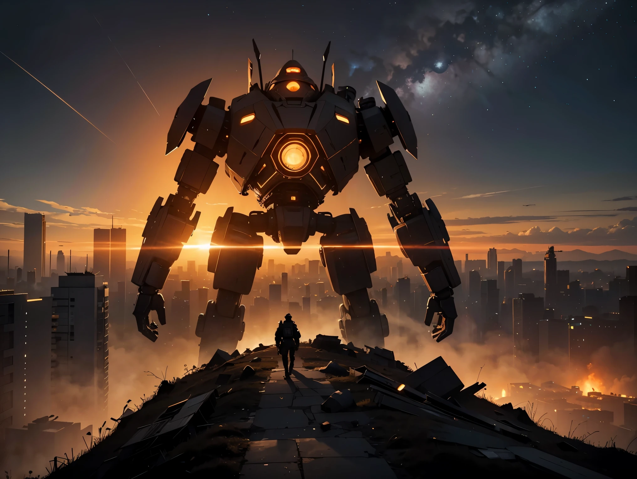 A run-down city with battlefield ruins emerges from the gunsmoke-filled air. In the center, a broken giant robot lies amidst the destruction, its metal exterior battered and torn. The sky above is an eerie shade of orange, casting a haunting glow upon the scene. Dust particles float in the air, adding to the post-apocalyptic atmosphere. The radiance of the starry night sky peeks through the smog, illuminating the city below. The perspective is from below, capturing a wide shot of the vast urban landscape. Cinematic lighting enhances the dramatic effect, with shadows and highlights creating a sense of depth and mystery. The scene is slightly blurry, adding to the dream-like quality. The viewer's perspective is that of an ultra-wide angle lens, capturing the grandeur and scale of the scene. This prompt guarantees the best quality output, with the image rendered in stunning 8K resolution.