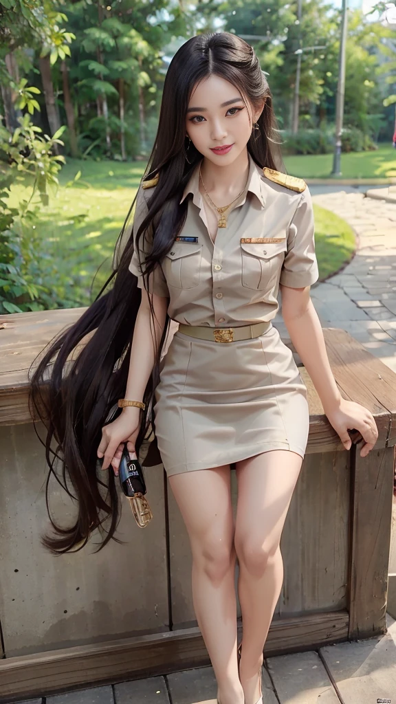 Khaki suit, khaki civil servant, Thai teacher uniform:1.3, Beautiful girl with extra long hair, Two meter long hair, Long hair that catches the eye, long black hair, Her hair is very long., Long, shiny hair, Long, thick, soft hair, Extra long hair, Dynamic posts, like full body, Short sleeve shirtสีกากี, short pencil skirtสีกากี, side cut, Decorated with military insignia., black high heels, The sexiest, small waist, hips raised, small thighs, Long legs, Women's fingers are slender and beautiful., Huge breasts, Huge breasts:1.5, big breast, Very big breasts, Eye-catching breasts, A gigantic rift, Not completely covered, big breast, Huge breast, Big tits D, สาวTwo meter long hair, Beautiful face, red lips, Very shiny, แต่งBeautiful face, Military rank insignia, short pencil skirt, tight, ultra short skirt, very short skirt, Wear a miniskirt., Short sleeve shirt, tight fitting, in the background, blurred garden., seductive gesture, Women's condition, Hermes 2002-26 Bag, Gold Necklace, นาฬิกา Apple Watch,