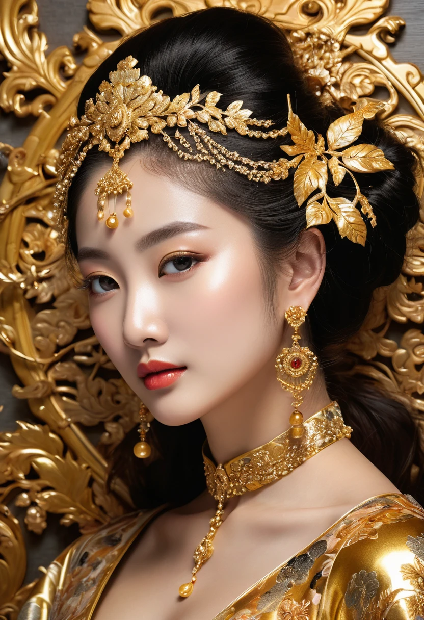 1girl, Gold Leaf Art, goldcarvingcd_xl, jinsixiangyun, traditional, golden, Gold Foil Art, gold leaf,gilded details,shimmering surface,meticulous craftsmanship,rich texture,ornate patterns,hand-applied gold leaf,golden accents,delicate brushwork,reflective surfaces,luxurious finish,breathtaking beauty,meticulous detailing,elegant composition,fine art masterpiece,visual opulence,vibrant colors,glowing golden hue,dramatic contrast,subtle shine,golden radiance,exquisite craftsmanship,gleaming surfaces,richly layered,illumination quality,baroque influences,refined elegance,luminous highlights,rich and regal,unparalleled luxury,artistic magnificence,timeless beauty,self-reflective surfaces,polished luminosity,lustrous appearance,dazzling brilliance,opulent aesthetic,opulent opulence,limitless beauty,decorative embellishments,unmatched elegance,celestial luminosity,heavenly glow,fine brushstrokes,delicate intricacy,detailed precision,exquisite artistry,dazzling exuberance,unparalleled grandeur,luxurious embellishments,illuminating radiance,dynamic texturing