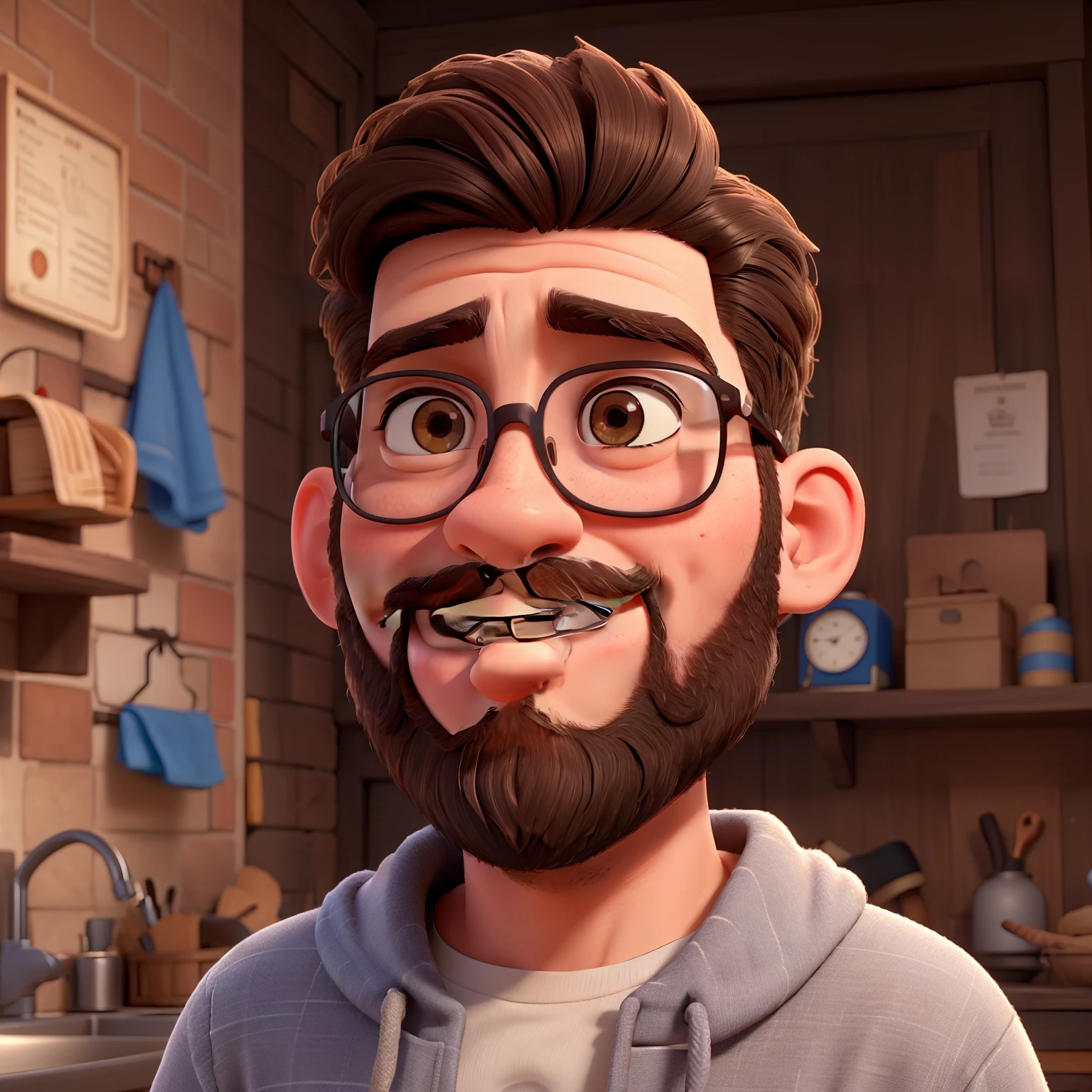 Make a young man with a beard, no estilo pixar, with a round prescription glasses, um risco na sobrancelha e de moletom vermelho sem capuz.