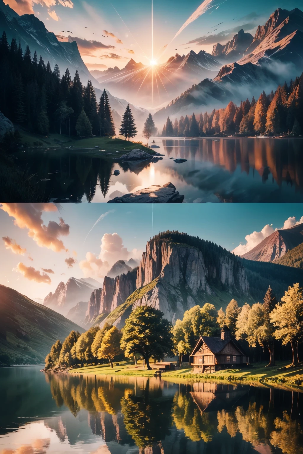 In a realistically depicted future village, surrounded by breathtakingly beautiful nature, the scenery comes alive in stunning 8k clarity. Vibrant green forests extend as far as the eye can see, their leaves shimmering with a gentle sheen. A crystal-clear lake mirrors the clouds above, its surface undisturbed. Houses made of eco-friendly materials dot the landscape, their modern design harmoniously blending with the natural surroundings. People of all ages, dressed in futuristic clothing, move about their daily routines, their faces expressing contentment and wonder at the marvels of their advanced community. The sun sets over the village, casting long shadows and bathing everything in a warm