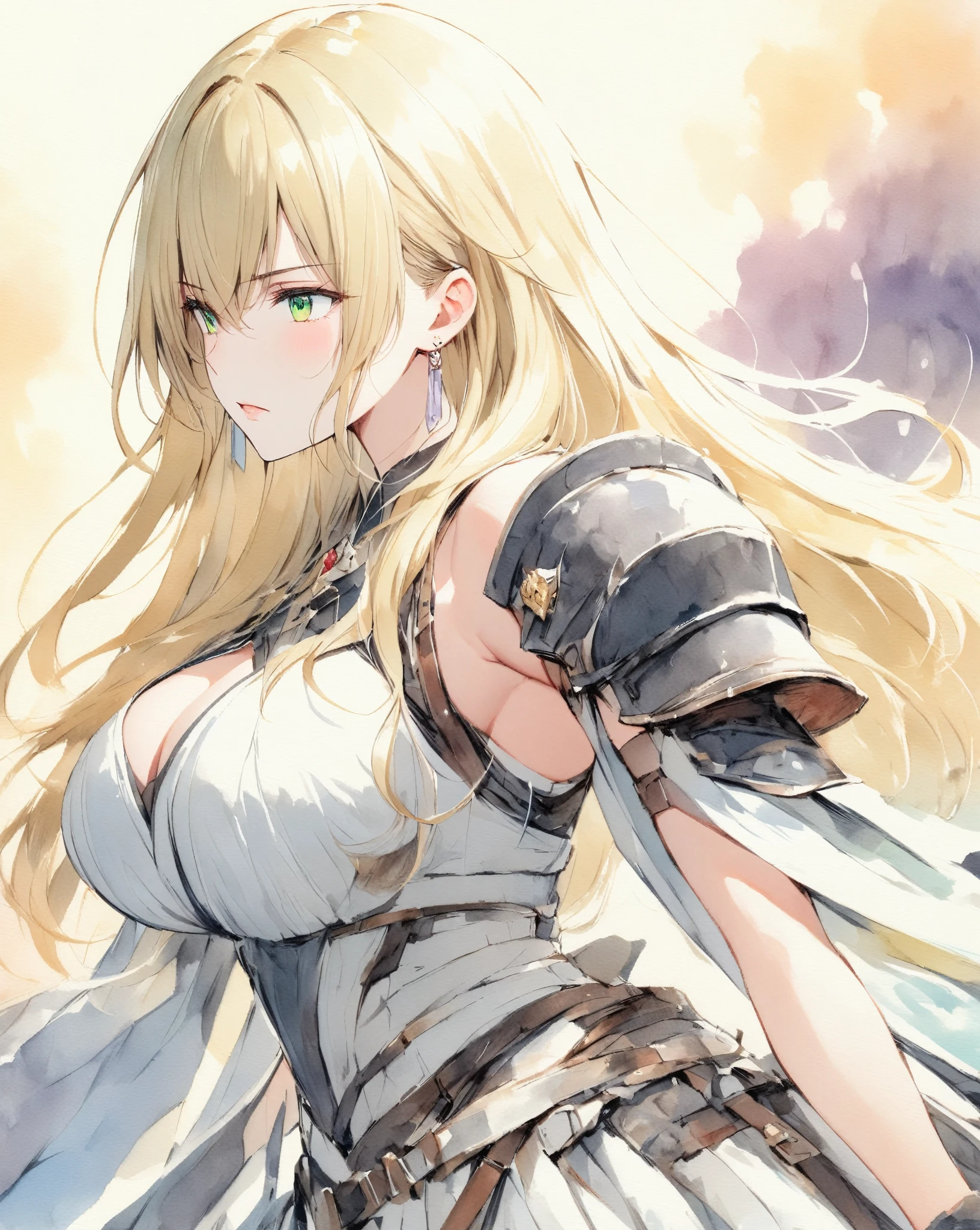 masterpiece, best quality, watercolor (medium), 1girl, breast, alone, medium long hair, split, blonde, green eyes, earrings, Bangs, jewelry, skirt, bare shoulders, sleeveless, hair between eyes, 单pauldron, looking at the audience, large breast, armor, shoulder armor, sleeveless skirt, Upper body, single sleeve, white skirt, pauldron, An expression of contempt