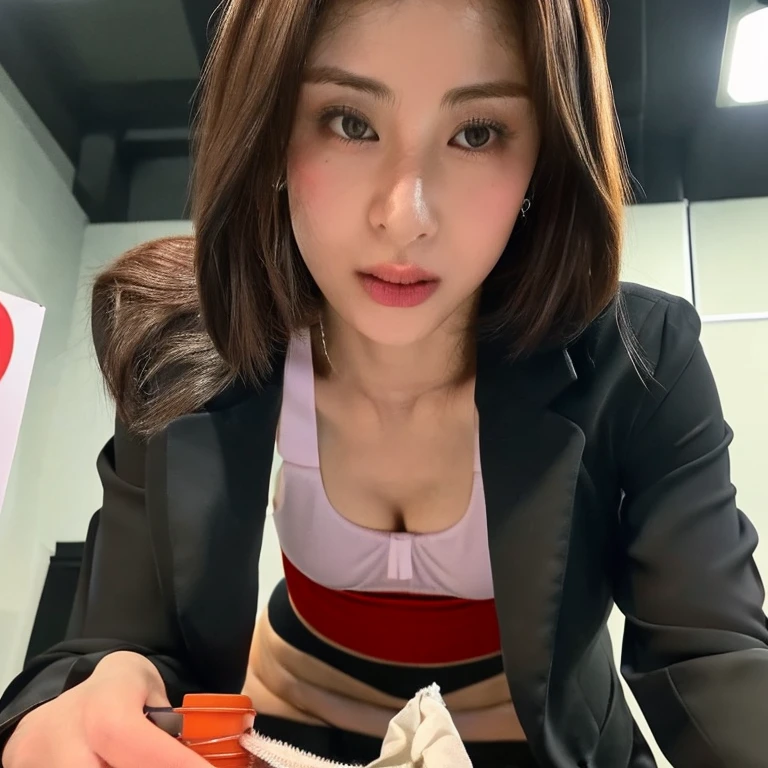 8k, RAW image (Japanese woman),Masterpiece、realistic:1.2、realistic, Ultra high resolution, Highest quality, real life photos ,( in the evening :1.1), ((((1 female:1.5))))、(Cute face:1.3)、Japanese woman,((office woman))、((suit:1.6))、 short hairstyle,slim body,In the company dressing room、 、big, beautiful, Detailed eyes, black hair,(Depth of writing region:1.3)、 ((dark brown eyes:1.2))、(Real skin texture:1.3)、(Immersive atmosphere:1.2、chiaroscuro:1.2) 、(see viewers:1.4)、((ashamed look:1.4))、((Red cheeks:1.3))、((from belowの天井:1.2))、(smile:0.7)、((Wear very small silk panties.))、((shooting underwear))、((A woman is rolling up her skirt.))、((from below:1.45))、((Close-up of target:1.58))、((Photos that focus on underwear))、the most beautiful woman in the world、((Spread your legs to the side.:1.