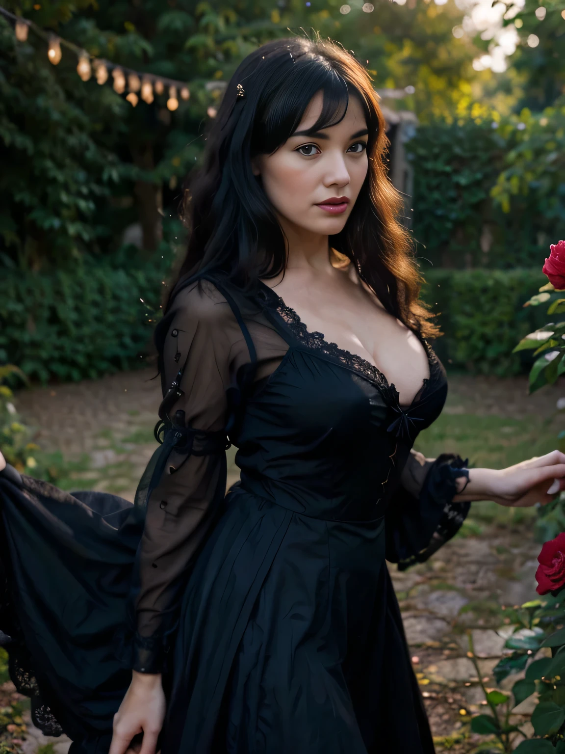 Beautiful Bettie Page with black long curly hair, extremely high quality RAW color photo with high detail, romantic mood, soft lighting, warm colors, depth of field effect, Canon EOS R effect, eye contact, girl wearing black lace vintage dress, full length , she is in a garden with black roses, Victorian style, gothic, detailed facial features, background lighting, bokeh, emotional depth, shine and radiance of the skin