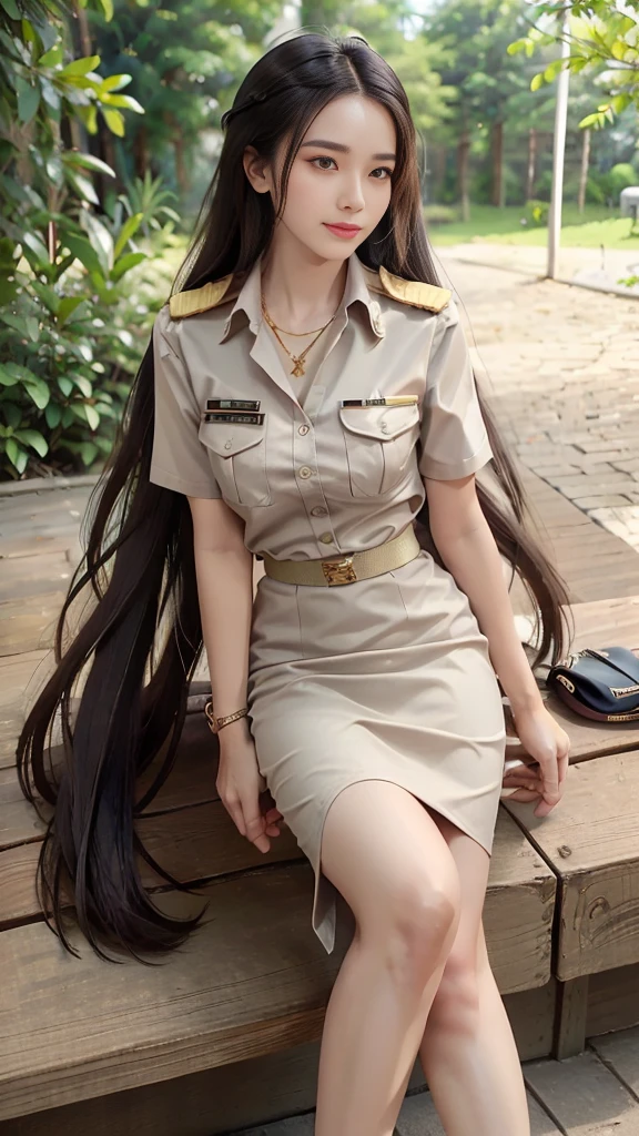 Khaki suit, khaki civil servant, Thai teacher uniform:1.3, Beautiful girl with extra long hair, Two meter long hair, Long hair that catches the eye, long black hair, Her hair is very long., Long, shiny hair, Long, thick, soft hair, Extra long hair, Dynamic posts, like full body, Short sleeve shirtสีกากี, short pencil skirtสีกากี, side cut, Decorated with military insignia., black high heels, The sexiest, small waist, hips raised, small thighs, Long legs, Women&#39;s fingers are slender and beautiful., Huge breasts, Huge breasts:1.5, big breast, Very big breasts, Eye-catching breasts, A gigantic rift, Not completely covered, big breast, Huge breast, Big tits D, สาวTwo meter long hair, Beautiful face, red lips, Very shiny, แต่งBeautiful face, Military rank insignia, short pencil skirt, tight, ultra short skirt, very short skirt, Wear a miniskirt., Short sleeve shirt, tight fitting, in the background, blurred garden., seductive gesture, Women&#39;s condition, Hermes 2002-26 Bag, Gold Necklace, นาฬิกา Apple Watch,