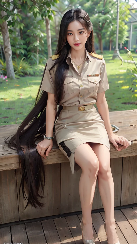 Khaki suit, khaki civil servant, Thai teacher uniform:1.3, Beautiful girl with extra long hair, Two meter long hair, Long hair that catches the eye, long black hair, Her hair is very long., Long, shiny hair, Long, thick, soft hair, Extra long hair, Dynamic posts, like full body, Short sleeve shirtสีกากี, short pencil skirtสีกากี, side cut, Decorated with military insignia., black high heels, The sexiest, small waist, hips raised, small thighs, Long legs, Women&#39;s fingers are slender and beautiful., Huge breasts, Huge breasts:1.5, big breast, Very big breasts, Eye-catching breasts, A gigantic rift, Not completely covered, big breast, Huge breast, Big tits D, สาวTwo meter long hair, Beautiful face, red lips, Very shiny, แต่งBeautiful face, Military rank insignia, short pencil skirt, tight, ultra short skirt, very short skirt, Wear a miniskirt., Short sleeve shirt, tight fitting, in the background, blurred garden., seductive gesture, Women&#39;s condition, Hermes 2002-26 Bag, Gold Necklace, นาฬิกา Apple Watch,