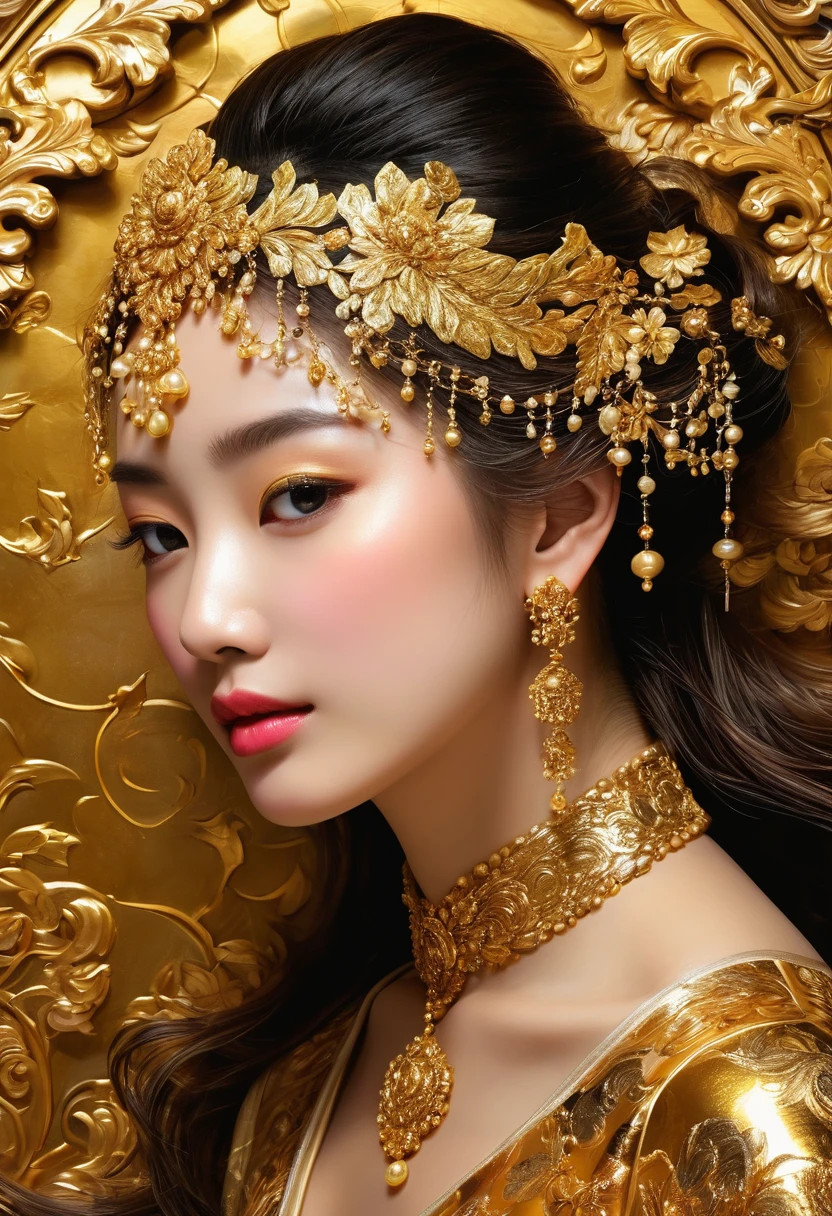 1girl, Gold Leaf Art, goldcarvingcd_xl, jinsixiangyun, traditional, golden, Gold Foil Art, gold leaf,gilded details,shimmering surface,meticulous craftsmanship,rich texture,ornate patterns,hand-applied gold leaf,golden accents,delicate brushwork,reflective surfaces,luxurious finish,breathtaking beauty,meticulous detailing,elegant composition,fine art masterpiece,visual opulence,vibrant colors,glowing golden hue,dramatic contrast,subtle shine,golden radiance,exquisite craftsmanship,gleaming surfaces,richly layered,illumination quality,baroque influences,refined elegance,luminous highlights,rich and regal,unparalleled luxury,artistic magnificence,timeless beauty,self-reflective surfaces,polished luminosity,lustrous appearance,dazzling brilliance,opulent aesthetic,opulent opulence,limitless beauty,decorative embellishments,unmatched elegance,celestial luminosity,heavenly glow,fine brushstrokes,delicate intricacy,detailed precision,exquisite artistry,dazzling exuberance,unparalleled grandeur,luxurious embellishments,illuminating radiance,dynamic texturing