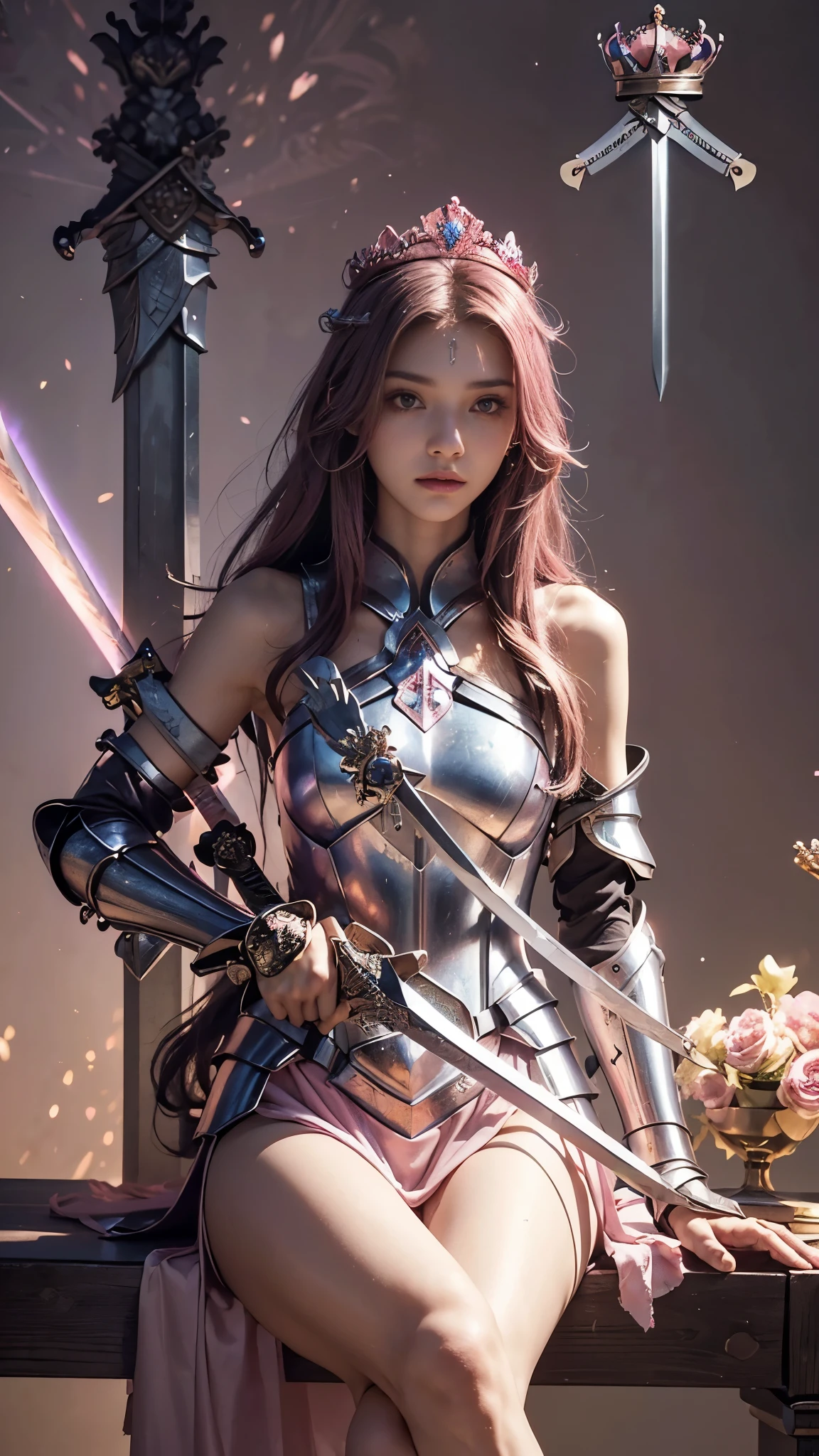 model shoot,1 girl, (innocent face:1.4), long hair, (assassin armor:1.5), pink outfit, bare shoulder, ( beautiful crown:1.5), (bloom effect:1.5), hyper realistic, super detailed, Dynamic shot, masterpiece, scene sharp détails, perfect eyes, perfect skin, (two handed sword:1.5), (perfect slim body:1.5), sitting, on the chair,