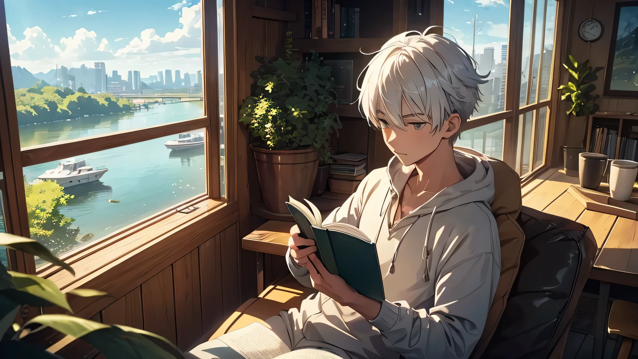 Lofi chill white hair boy reading a book and drinking coffee from a cup looking out the window from a nice woodie lodge cafe, anime, chill, golden sunray, morning, quiet, lots of green plants, river view, fantasy, holding steaming hot coffee, looking out the window at the river, golden sky, fantasy world where everyone is happy, high on drugs, relaxing
