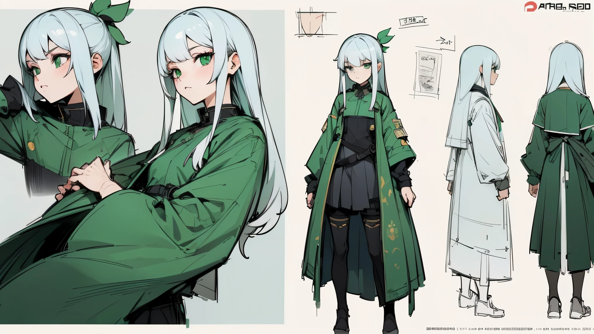 Anime girl with white hair and green eyes , long hair straight no wind、Anime CG arte suave, anime style. 8k, Hecho con Anime Painter Studio, Retrato realista kawaii, Render de una linda chica de anime , Retrato suave colorido, Anime estilizado、character design sheet, (Calidad de imagen superior), (Fondo de pantalla 8k unificado CG ultrafino), (colorido:1.2), Sharp focus, flat chest, green clothes short dress cute, type of body small. very detailed lineart