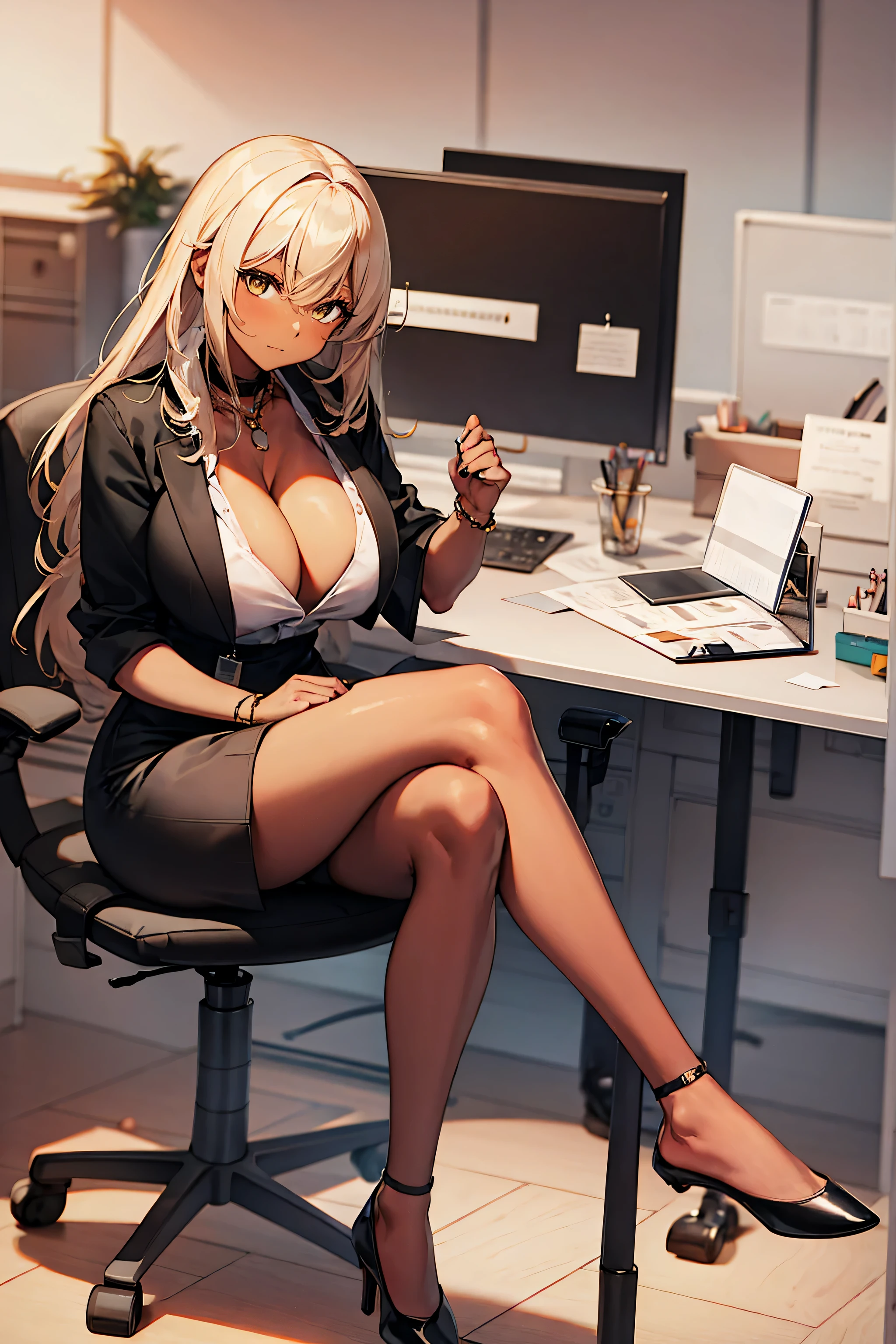 masterpiece, best quality,high resolution, 1girl,full body,masterpiece, best quality, ((1girl)), (dark skin:1.5) ,
(BREAK A thin white collared blouse,
The chest is open,(cleavage:1.5),The black ruffled bra is transparent:0.8),
(BREAK black choker,gold necklace:0.8),
BREAK ((She is wearing a tight black skirt:1.5)),((tight black skirt:2)),(((the skirt fits:1.5))),
(BREAK She is wearing dark brown tights with a fine mesh:0.8),
(BREAK beautiful eyes,big eyes,Shining eyes,Sexy eyes:0.8),
(BREAK ((indoor, (((office))), stylish office,sitting in an (office chair) with legs crossed)),in the morning,sunny,bright office:1.5)
(BREAK ((dark brown long hair)),(straight hair),((light brown eyes)),((perfect proportions)),
((hourglass shape)):0.95),