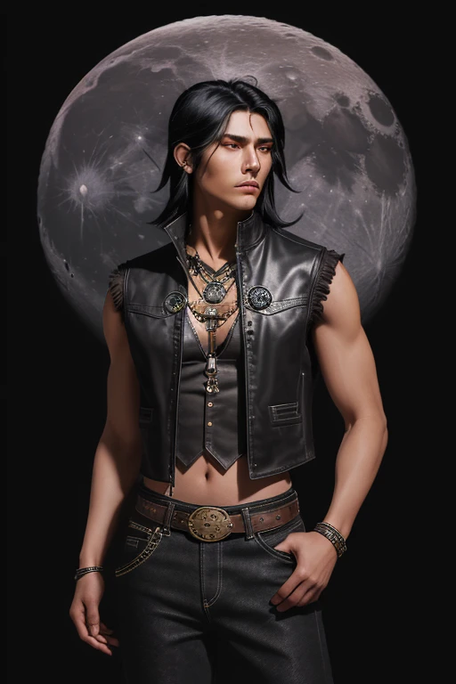 20 year old man black hair native american brown shirt wolf print black leather vest muscular build moon medallion black jean pants moon buckle looking straight at viewer forest background with fog holding an oxiiana dagger 