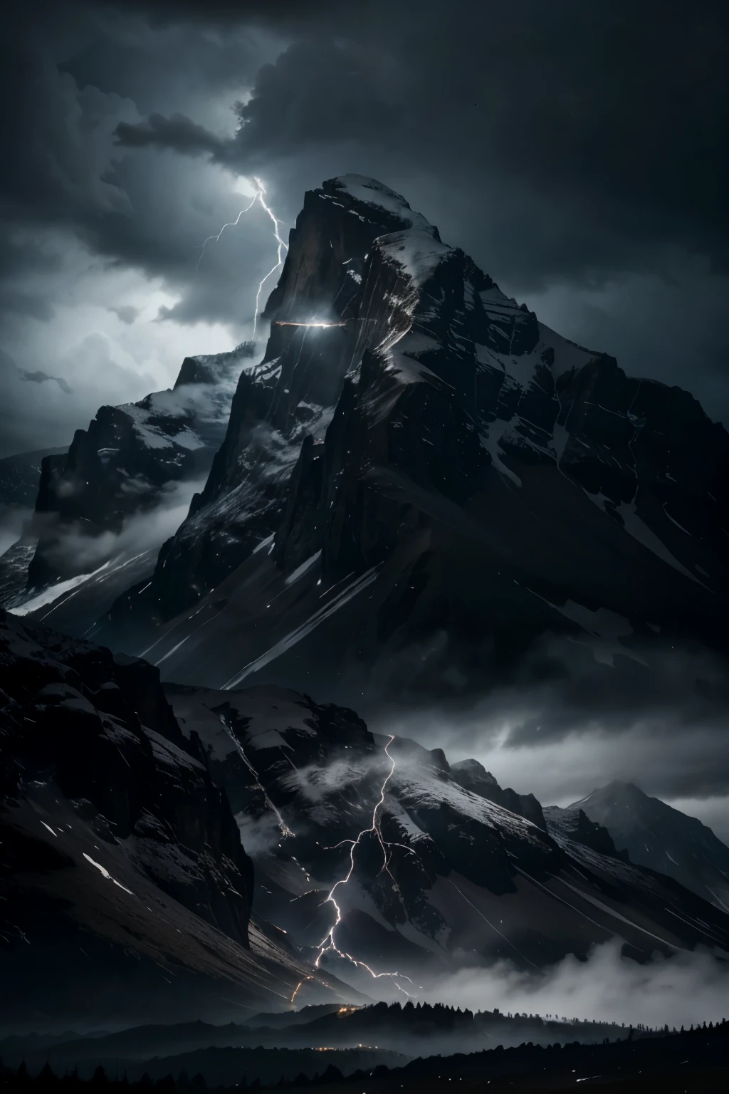 Generate a realistic and dramatic image of a towering mountain against a backdrop of dark, ominous clouds in the sky. The atmosphere should be tense and stormy, with flashes of lightning and the sound of thunder echoing in the distance. The mountain should be rugged and majestic, standing tall and imposing amidst the stormy weather. Capture the raw power and beauty of nature in this dramatic scene