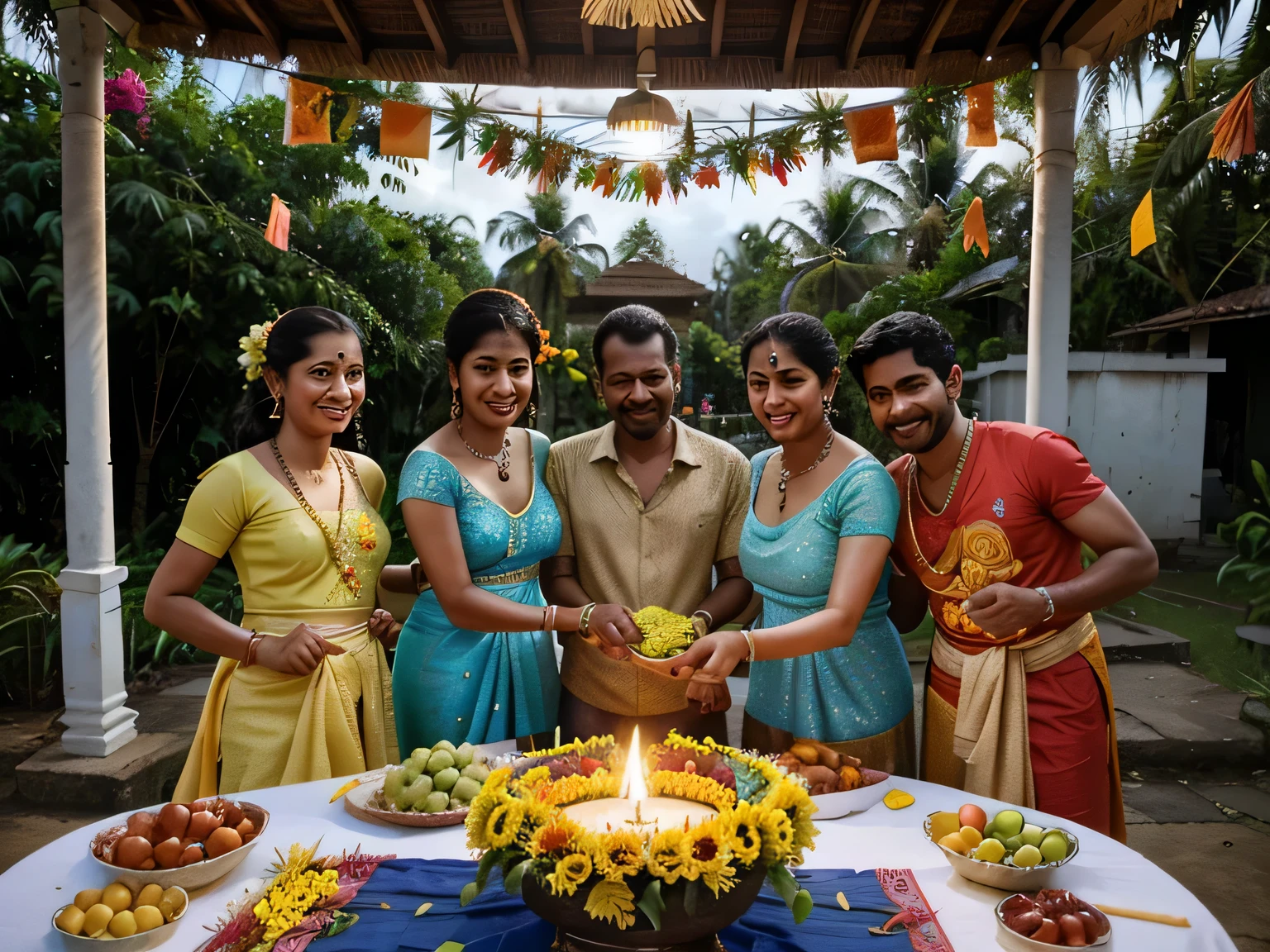 a vibrant scene of Vishu celebration, with a family gathered around an altar decorated with flowers, fruits and a lit lamp. The background could be a rural Kerala setting, with coconut trees in the background and a bright blue sky. People are dressed in traditional clothes and smile as they exchange greetings and good wishes for the Malabar New Year.