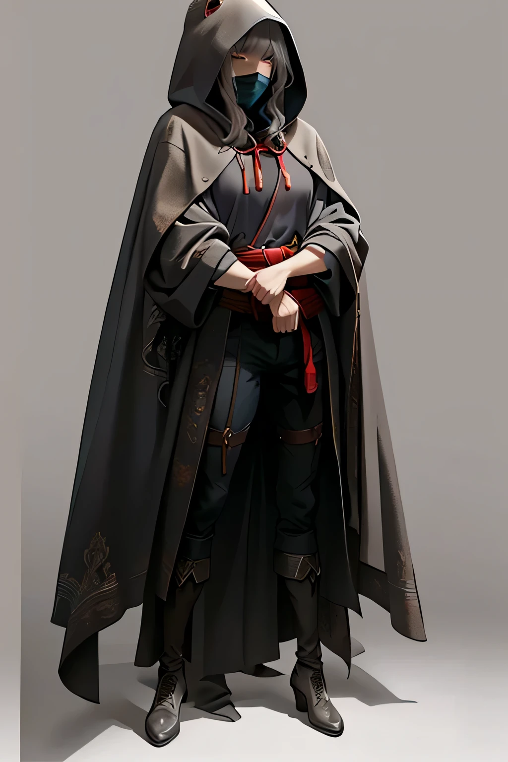 ((best quality)), ((masterpiece)), (detailed), Face in darkness, face hidden, 1male, hood covering head, detailed face, eyes hidden, 1male, High Definition, ultrahigh definition, lightgrey robe, red belt, light-grey robe, 1man