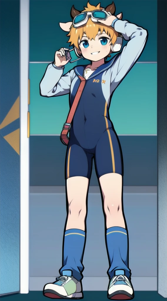 Two-dimensional boy,One-piece mountaineering suit,horn,cow ears,Put the headphones on your head,stand up,goggles,sports shoes,Slim,Smile,Sailor collar